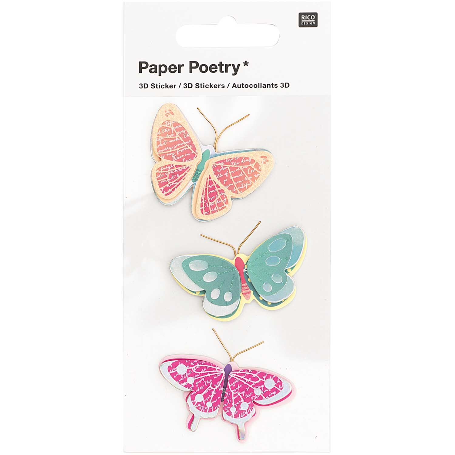 Paper Poetry 3D-Sticker zeigen drei gemusterte Schmetterlinge in verschiedenen Farben von Rico Design.