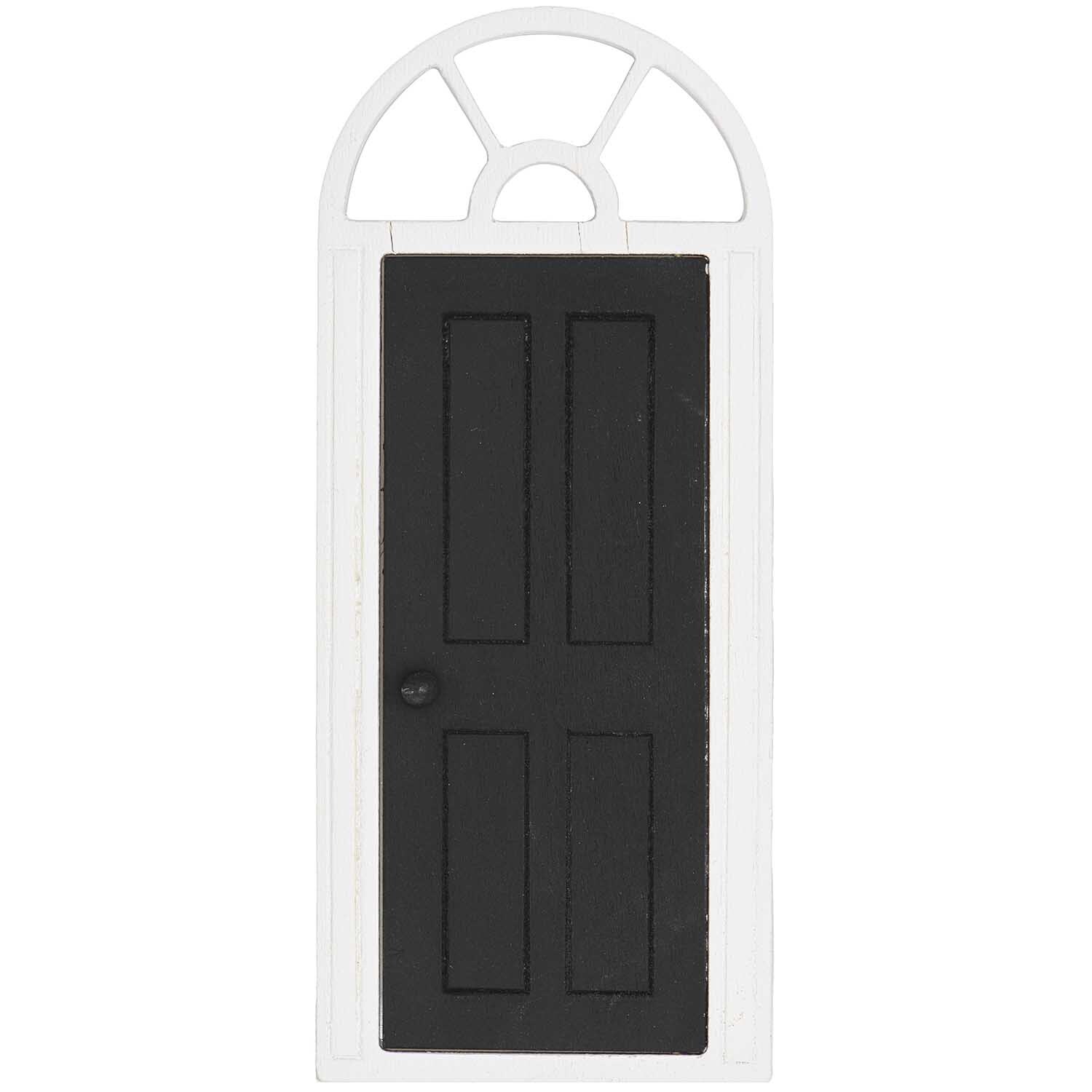 Miniatur Wichteltür mit Bogen in Schwarz-Weiß von Rico Design, zeigt eine elegante Tür mit rundem Fenster.