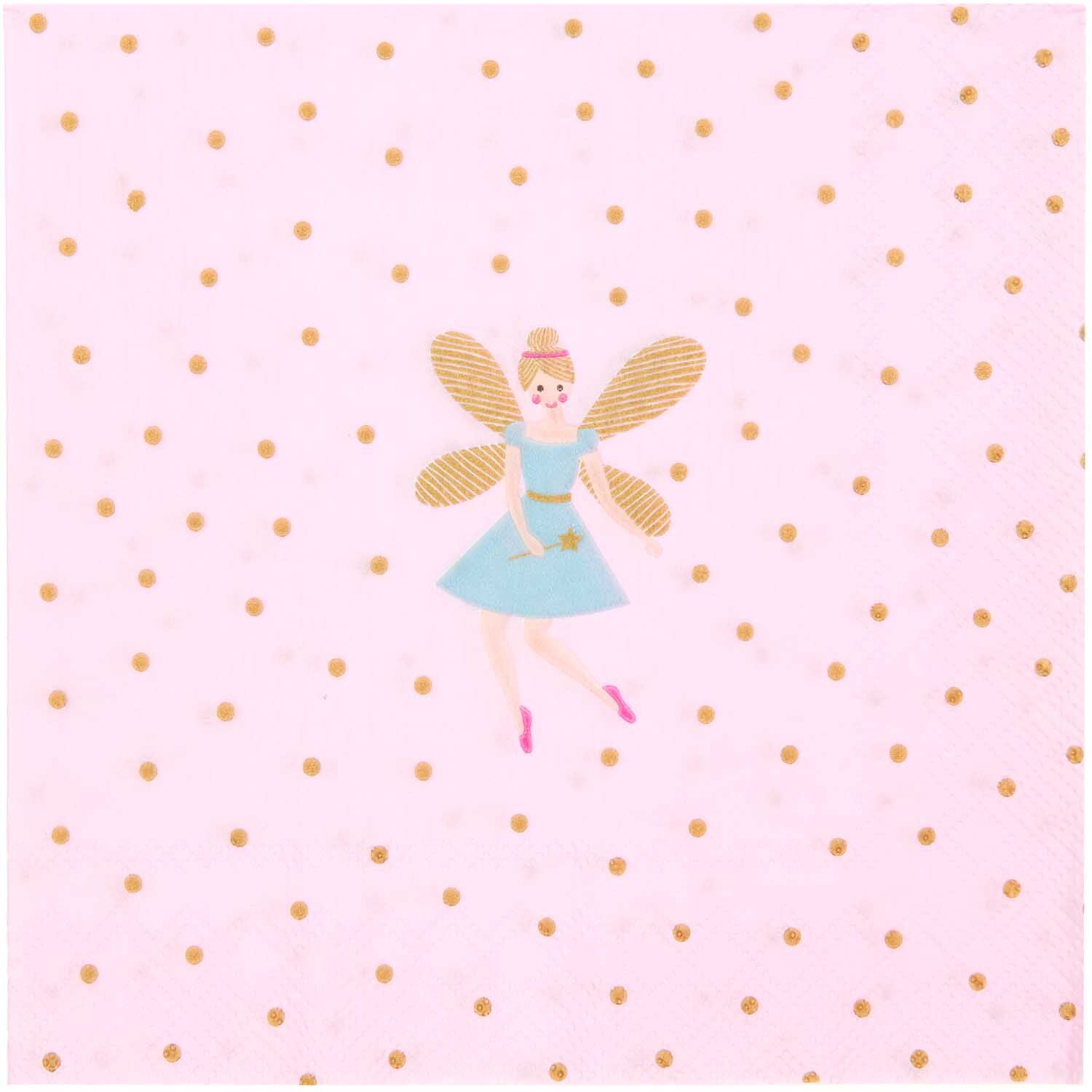 Serviette Prinzessin 33x33cm 20 Stück zeigt eine Fee in blauem Kleid mit goldenen Flügeln auf rosa Hintergrund mit Punkten. Marke: Rico Design.