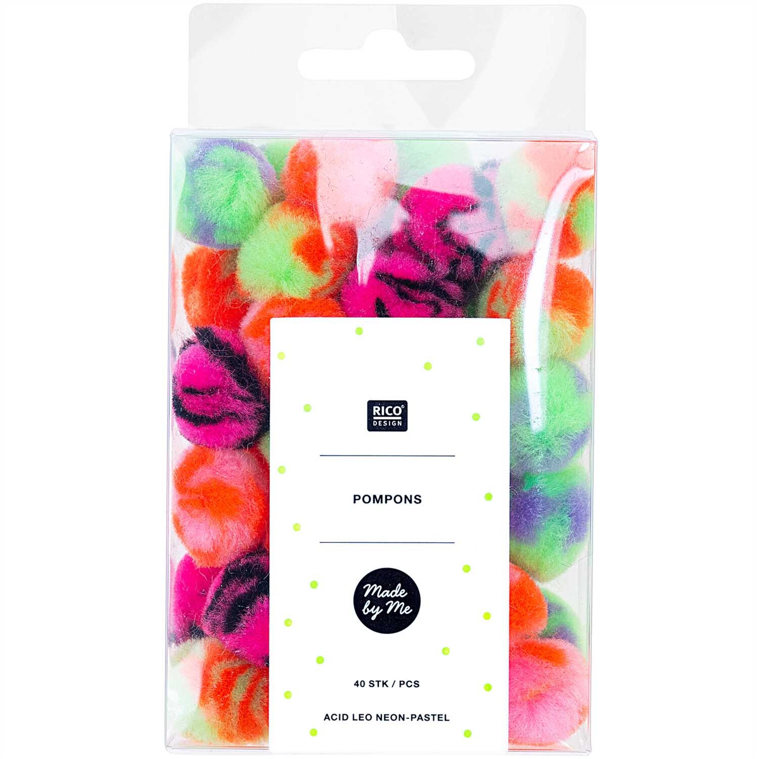 Pompons Acid Leo 25mm 40 Stück Farbe Neon-Pastel von Rico Design Pompons Acid Leo 25mm 40 Stück von Rico Design in leuchtenden Neon-Pastellfarben in einer transparenten Verpackung.