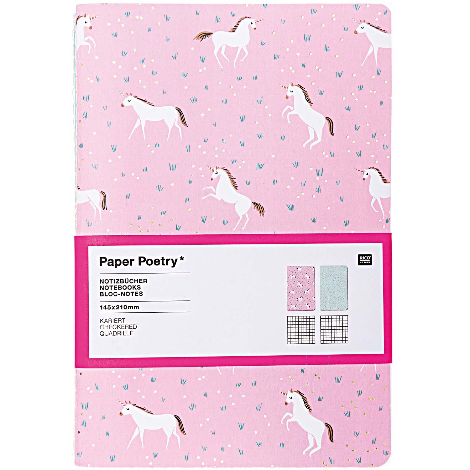 Paper Poetry Notizbücher Wonderland A5 mit rosa Einband und Einhornmuster, 40 Seiten, 2 Stück von Rico Design. Ideal für kreative Notizen.