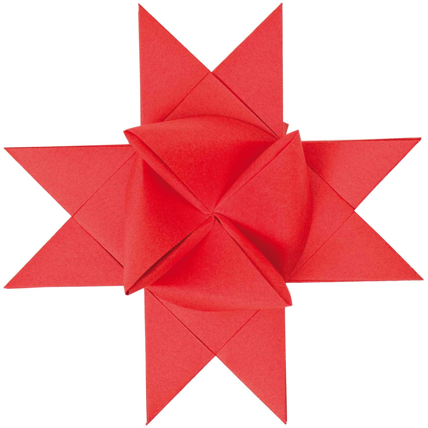 Fröbelstreifen 120g/m² 60 Stück Farbe Hellrot von Rico Design Fröbelstreifen 120g/m² 60 Stück von Rico Design in Hellrot, gefaltet zu einem dekorativen Stern.