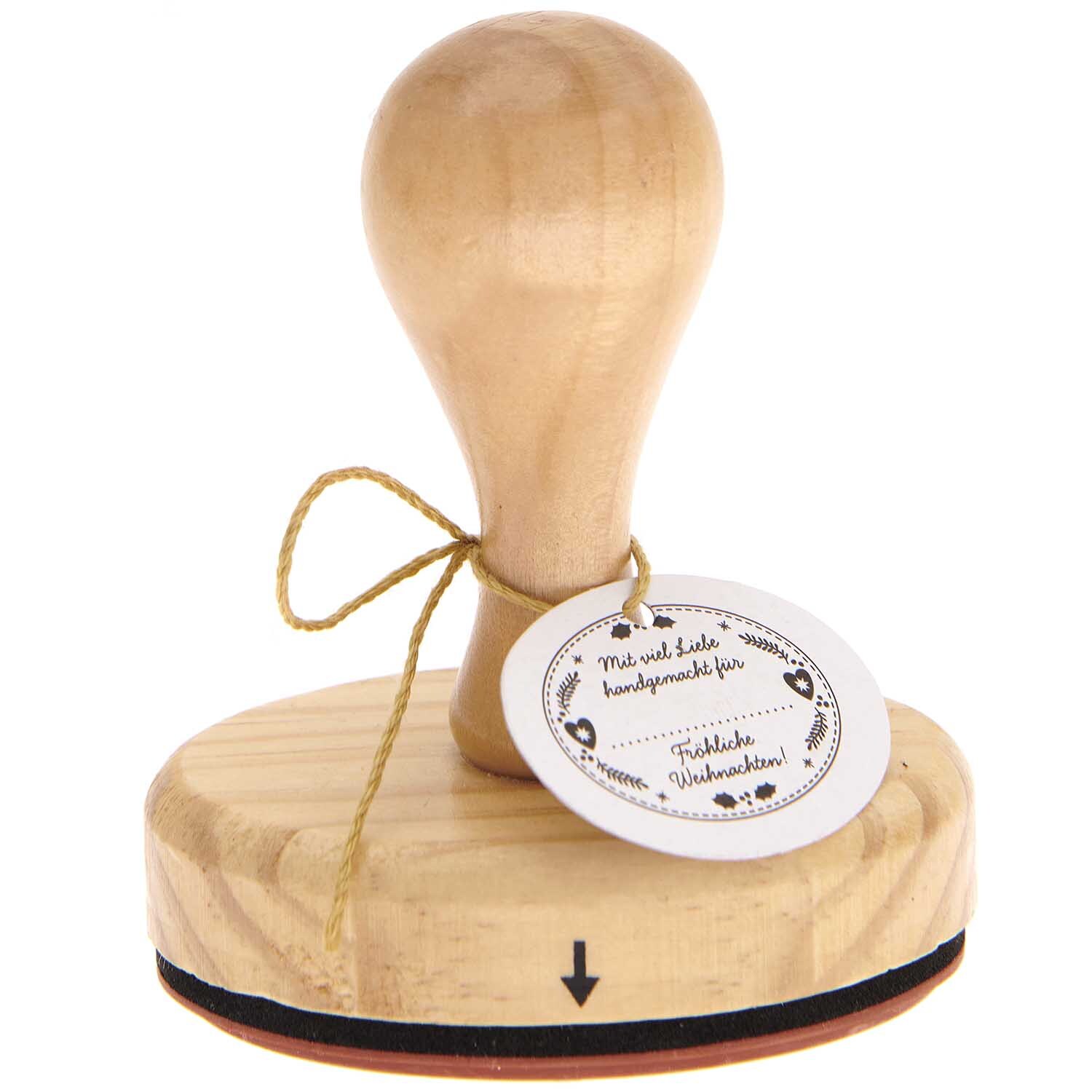 Stempel Fröhliche Weihnachten 5x7cm oval aus Holz von Rico Design mit rundem Griff und Etikett. Ideal für festliche Bastelprojekte und Dekorationen.