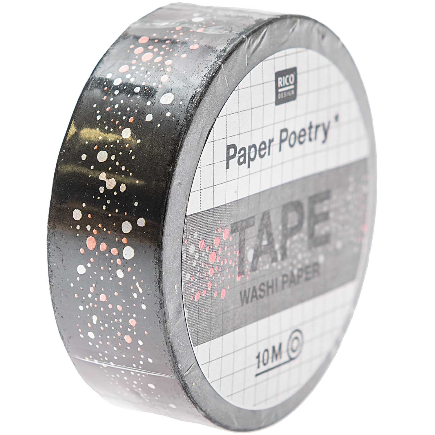Paper Poetry Tape Mermaid Bubbles 1,5cm 10m colour Black from Rico Design Paper Poetry Tape Mermaid Bubbles, 1,5 cm x 10 m, zeigt ein schwarzes Design mit bunten Blasen. Marke: Rico Design. Ideal für kreative Projekte.