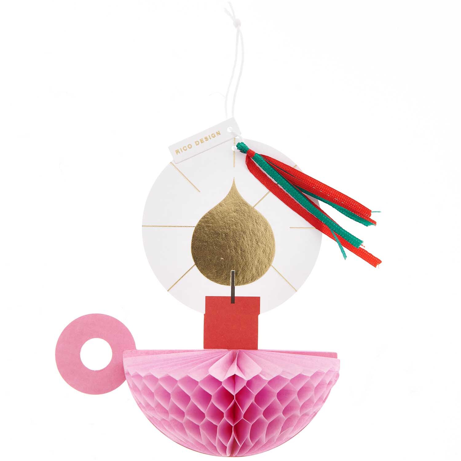 Paper Poetry Kartenset mit Pop-Up Anhänger Kerze B6 von Rico Design Paper Poetry Kartenset mit Pop-Up Anhänger Kerze B6 zeigt eine goldene Kerze mit rosa Wabenstruktur und bunten Bändern.