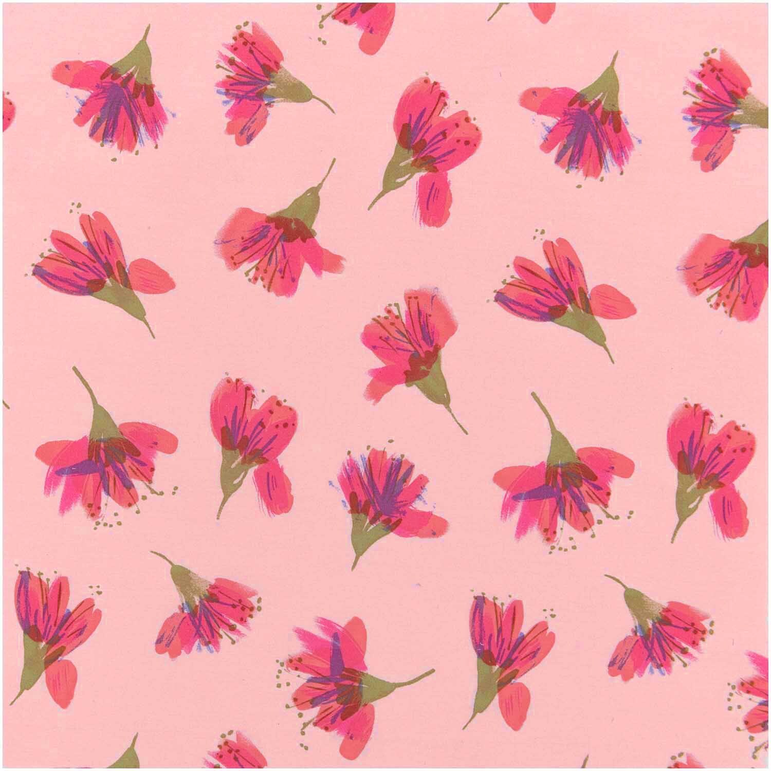 Stoffabschnitt Druckstoff Aquarellblüten lachs 50x140cm mit rosa Hintergrund und floralen Mustern von Rico Design.