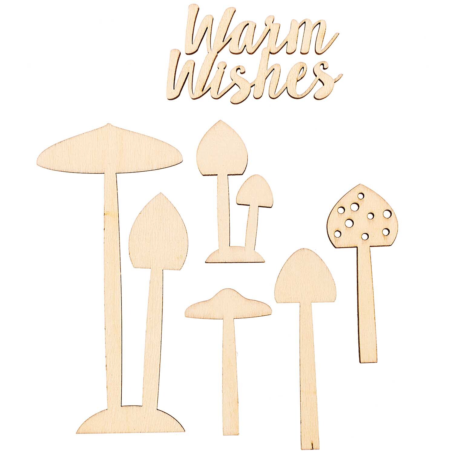 Holzdeko-Set Pilze für XL-Dekohaube: Sechs naturfarbene Holzpilze von Rico Design, ideal für kreative Dekorationen.