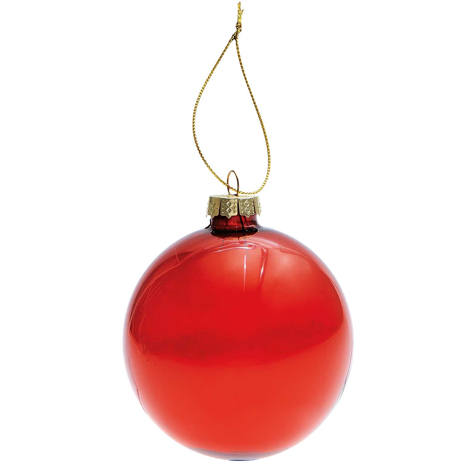 Glaskugel Baumschmuck einfarbig 8cm Farbe Rot Transparent von Rico Design Glaskugel Baumschmuck einfarbig 8cm von Rico Design, zeigt eine glänzende, transparente Kugel mit goldener Aufhängung.