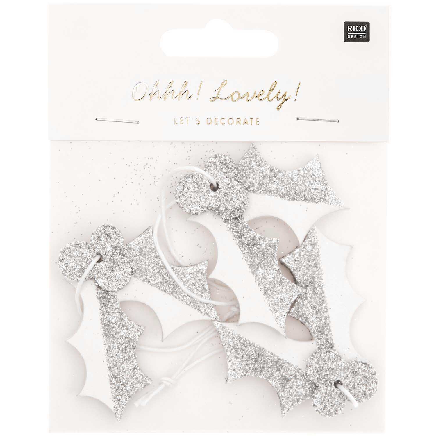 Holzhänger Ilex mit Glitter weiß 3 Stück von Rico Design