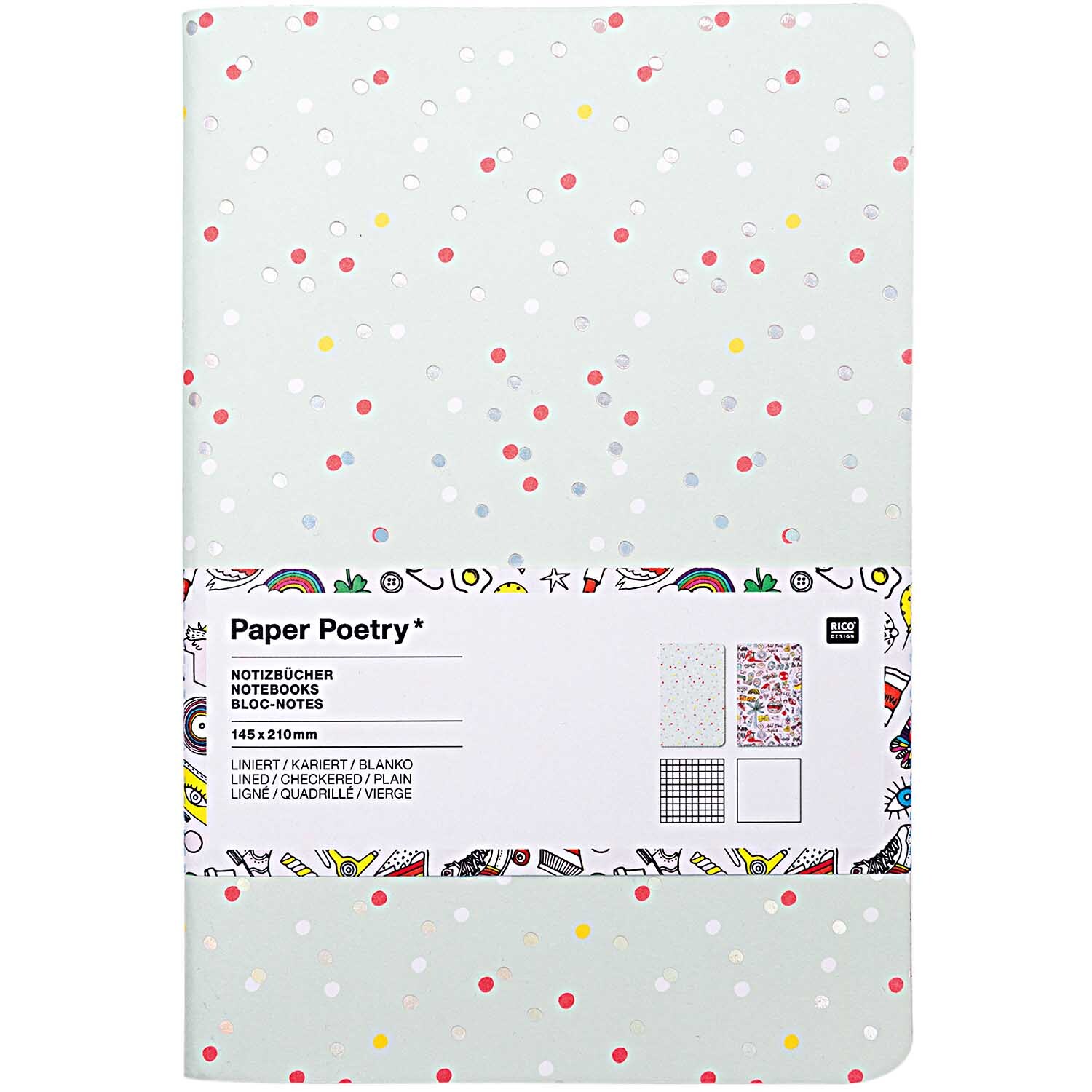 Paper Poetry Notizbücher A5 mit buntem Punktmuster, 2 Stück von Rico Design, ideal für kreative Notizen.