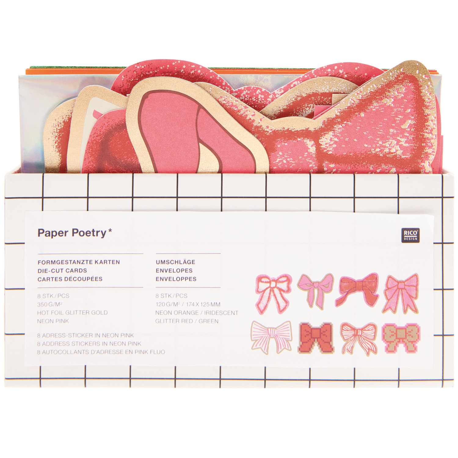 Paper Poetry Kartenset Schleifen mit 8 Karten in verschiedenen Schleifenformen und Farben. Ideal für kreative Grußkarten von Rico Design.