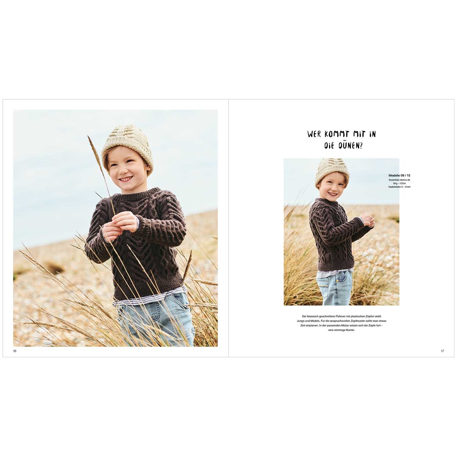 Kids Nr.9: Ein Kind in einem braunen Strickpullover und Mütze von Rico Design steht in einer Dünenlandschaft.