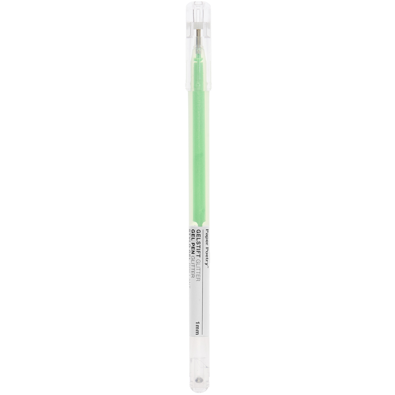 Gelstift Glitter 1mm von Rico Design in transparentem Gehäuse mit grünem Glitzereffekt. Ideal für kreative Projekte und präzises Schreiben.