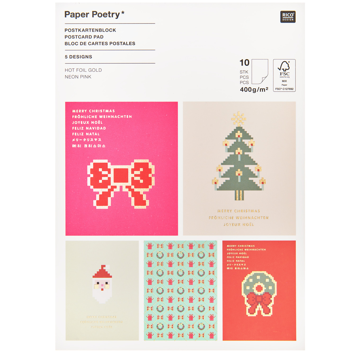 Paper Poetry Postkartenblock Schleifen Pixel zeigt bunte, pixelartige Weihnachtsmotive.