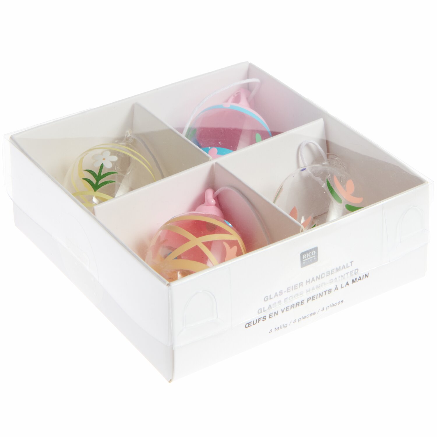 Glas Eier Blumen handbemalt Ø3x6cm 4-teilig von Rico Design Glas Eier Blumen handbemalt, Ø3x6cm 4-teilig. Vier bunte, handbemalte Glaseier in dekorativer Verpackung.