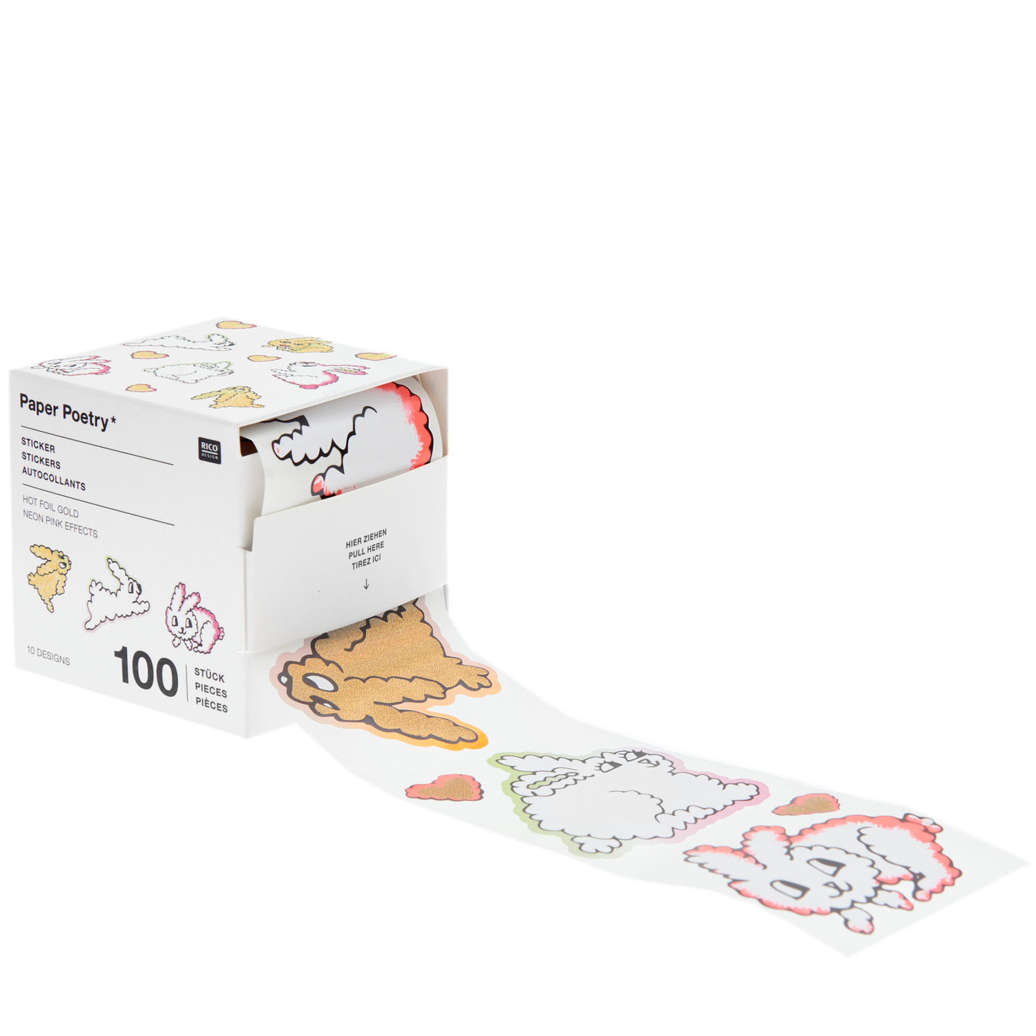 Paper Poetry Sticker Futschikato Hasen auf der Rolle zeigt bunte Hasensticker von Rico Design.