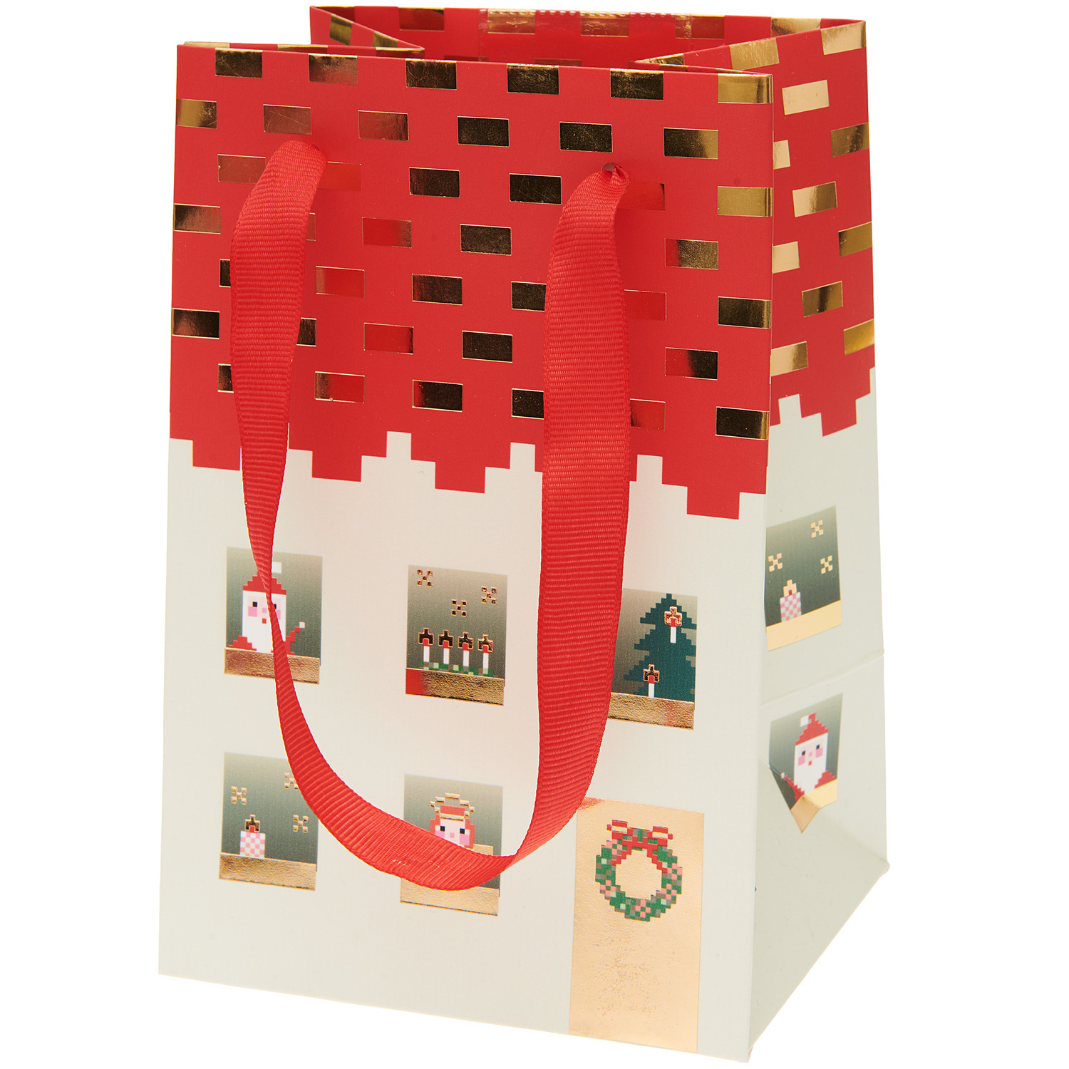 Geschenktüte Weihnachtshaus XS mit roten Henkeln, weihnachtlichen Motiven und goldenen Akzenten, 12x18x10cm. Perfekt für festliche Geschenke.