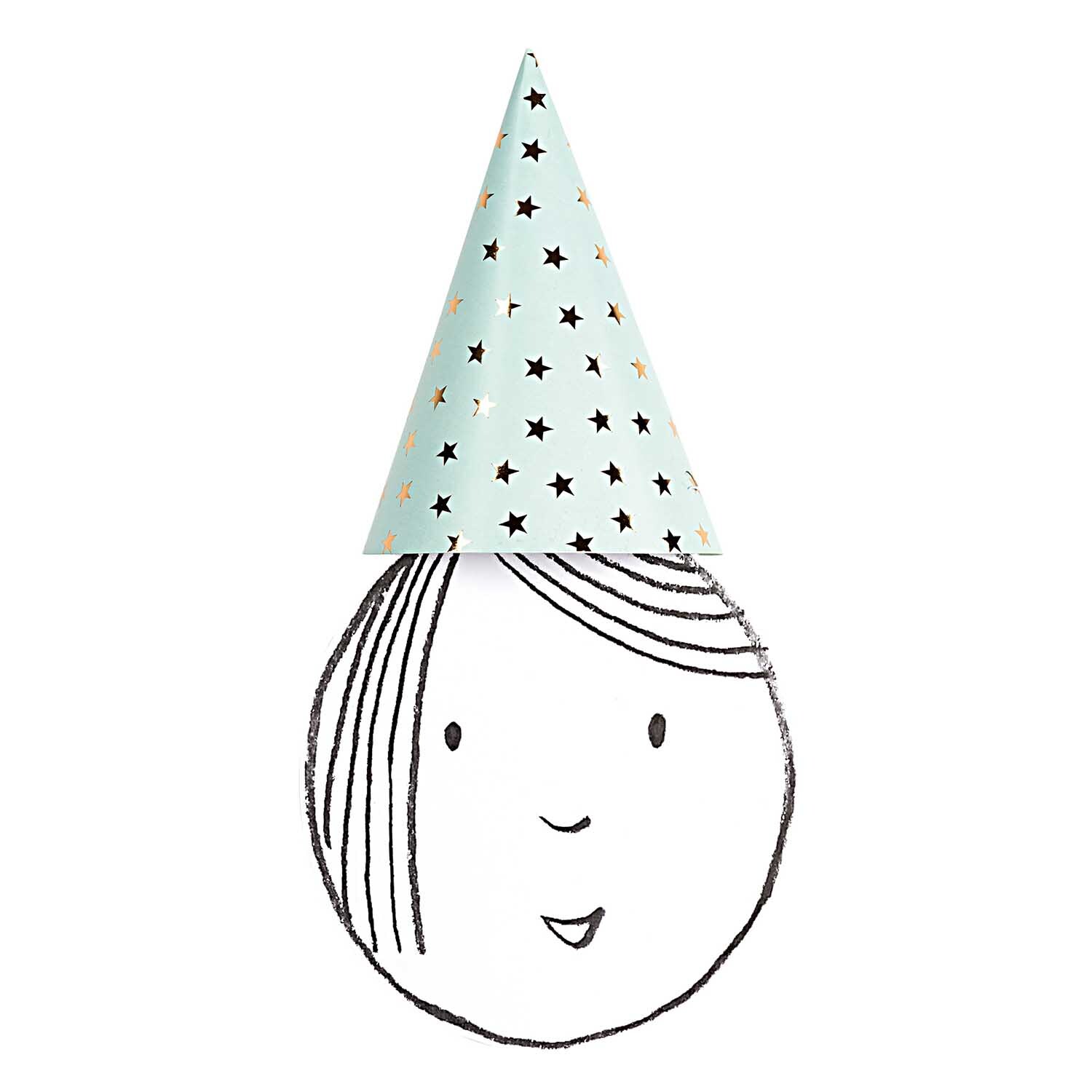 Partyhüte grafische Muster 20cm 8 Stück von Rico Design Partyhüte mit grafischen Mustern in verschiedenen Farben von Rico Design, auf einem gezeichneten Gesicht.