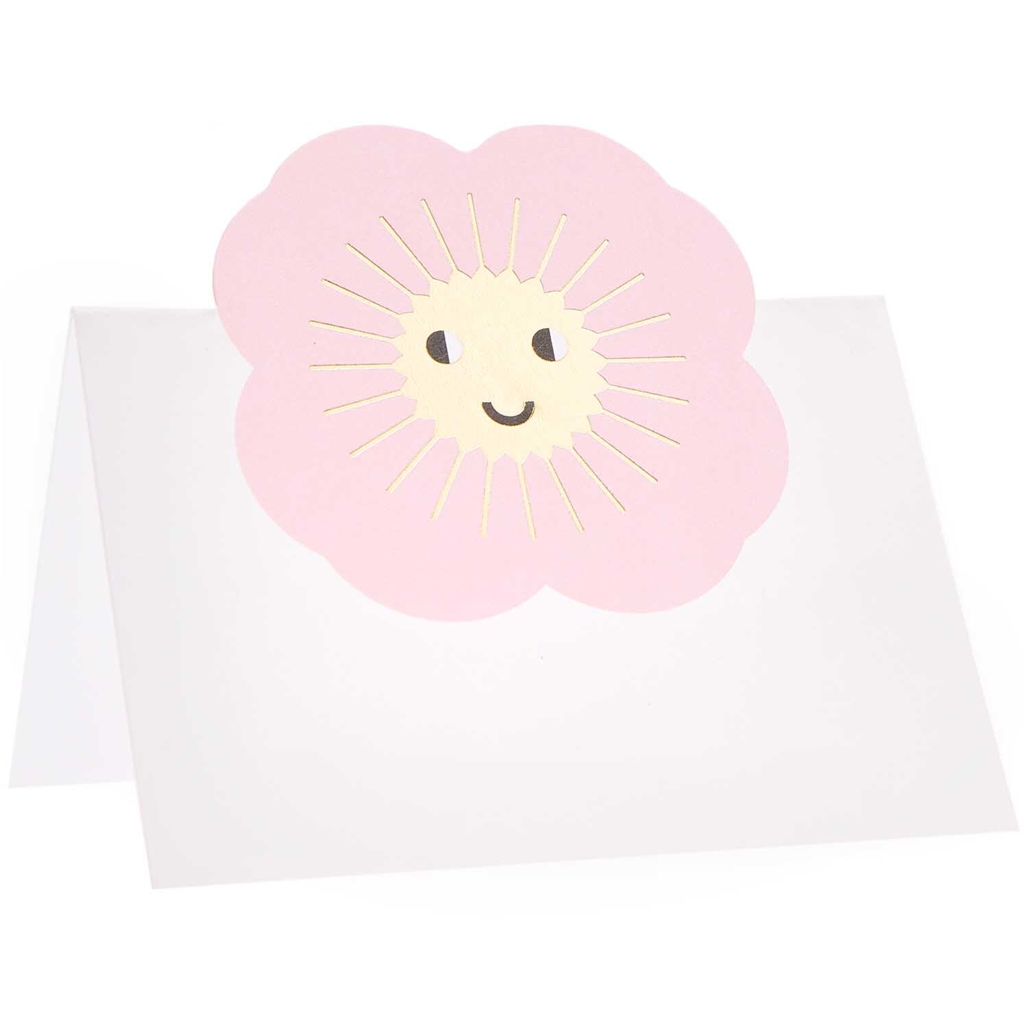 Paper Poetry Tischkarten Mix 9x12,6cm 8 Stück von Rico Design Paper Poetry Tischkarten mit rosa Blume und lächelndem Gesicht, ideal für kreative Tischdekorationen.