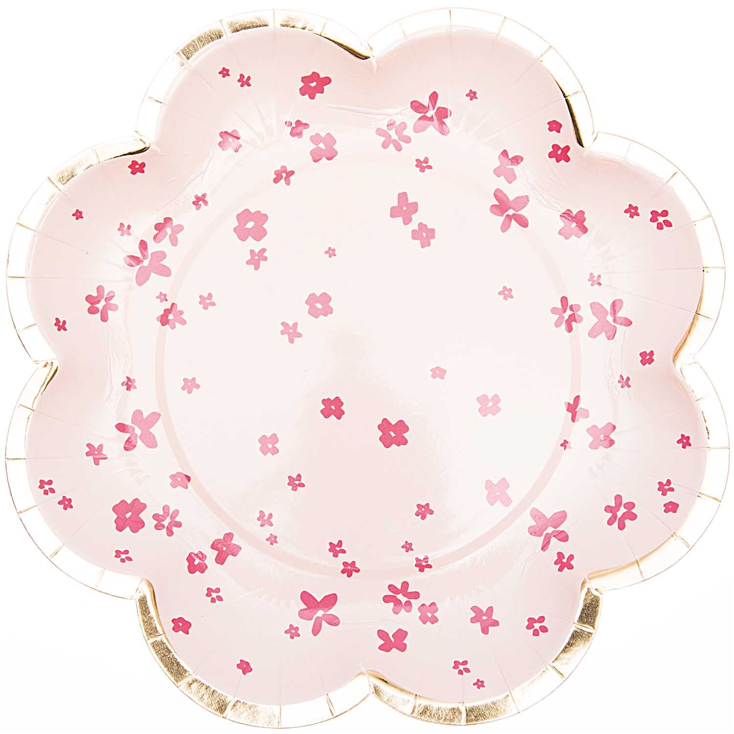 Pappteller Blume Blüten rosa 21cm 12 Stück, dekorativer Teller mit rosa Blumenmuster, ideal für Partys und Feiern.