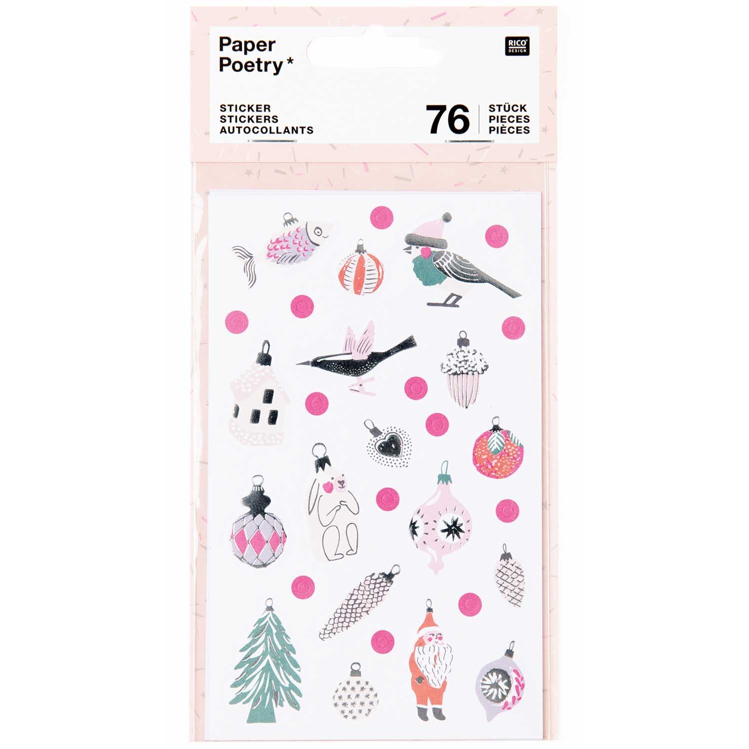 Paper Poetry Sticker Nostalgic Christmas zeigt 76 pastellfarbene Weihnachtsmotive von Rico Design, darunter Vögel, Tannenbäume und Ornamente.