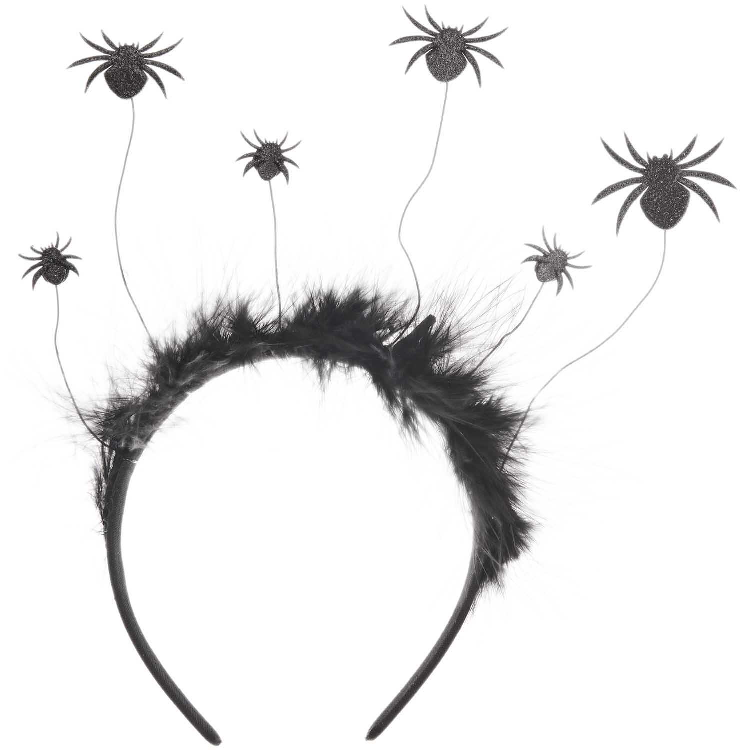 Haarreif Spinnen schwarz mit flauschigen Details und Spinnen auf Drahtstielen, ideal für Halloween.
