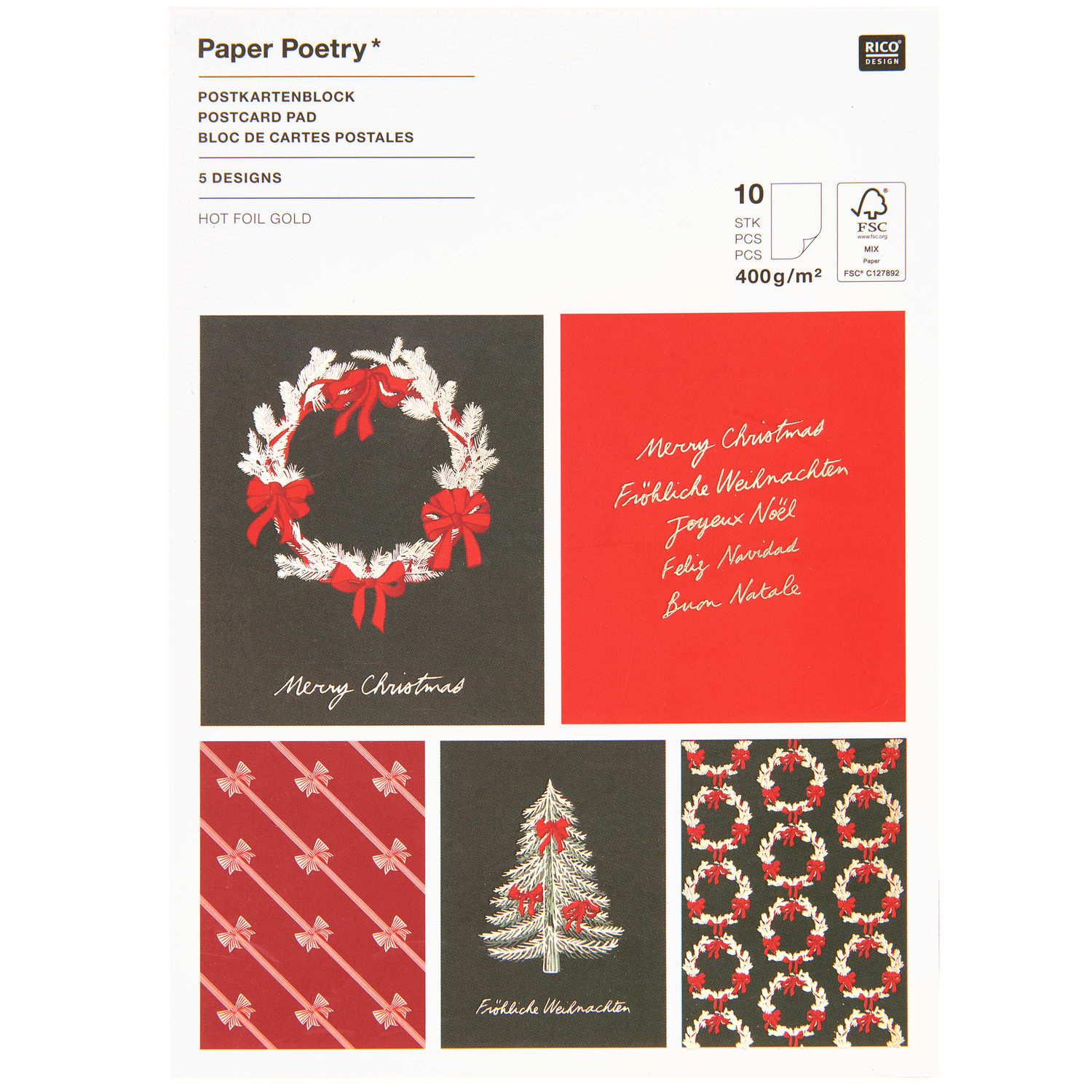 Paper Poetry Postkartenblock Schleifen Classic zeigt festliche Designs in Rot und Schwarz. Enthält 10 Karten, ideal für Weihnachtsgrüße.