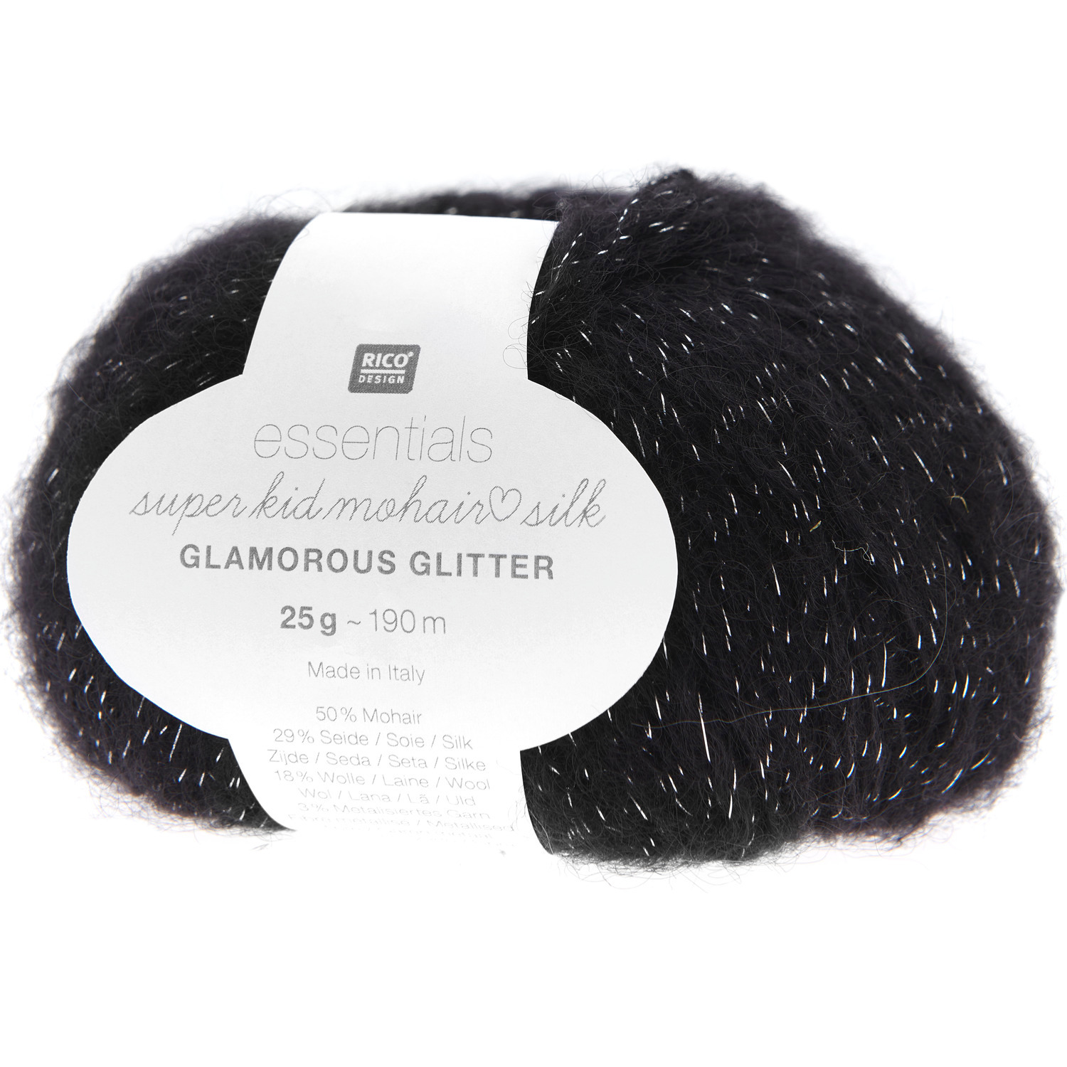 Essentials Super Kid Mohair Loves Silk Glamorous Glitter 25g 190m Couleur Noir from Rico Design Essentials Super Kid Mohair Loves Silk Glamorous Glitter in Schwarz von Rico Design, 25g Knäuel mit 190m Länge, ideal für luxuriöse Strickprojekte.