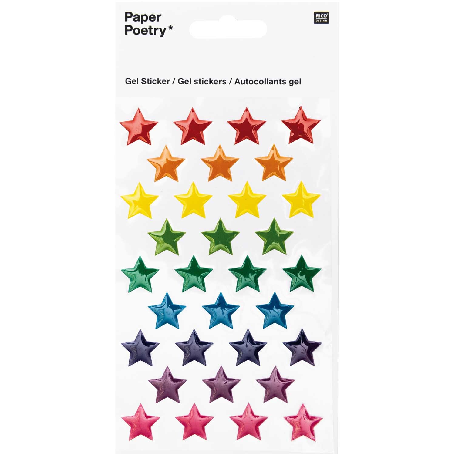 Paper Poetry 3D Sticker Sterne: Bunte, glänzende Sternsticker von Rico Design in verschiedenen Farben auf weißem Hintergrund.
