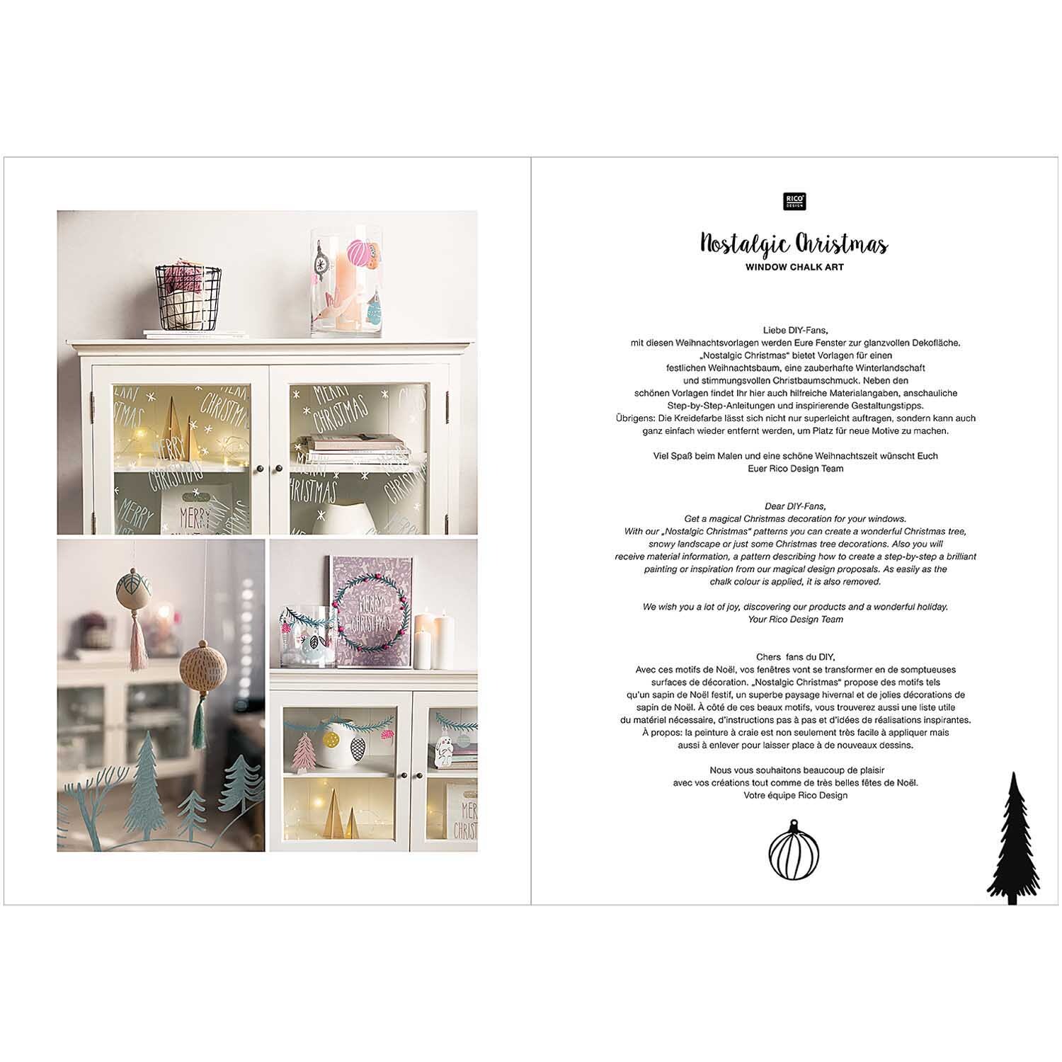 Vorlagenmappe Nostalgic Christmas Fenster- und Glasmalerei mit Kreidestiften von Rico Design Vorlagenmappe für Fenster- und Glasmalerei mit Kreidestiften, dekoriert mit weihnachtlichen Motiven und Accessoires von Rico Design.