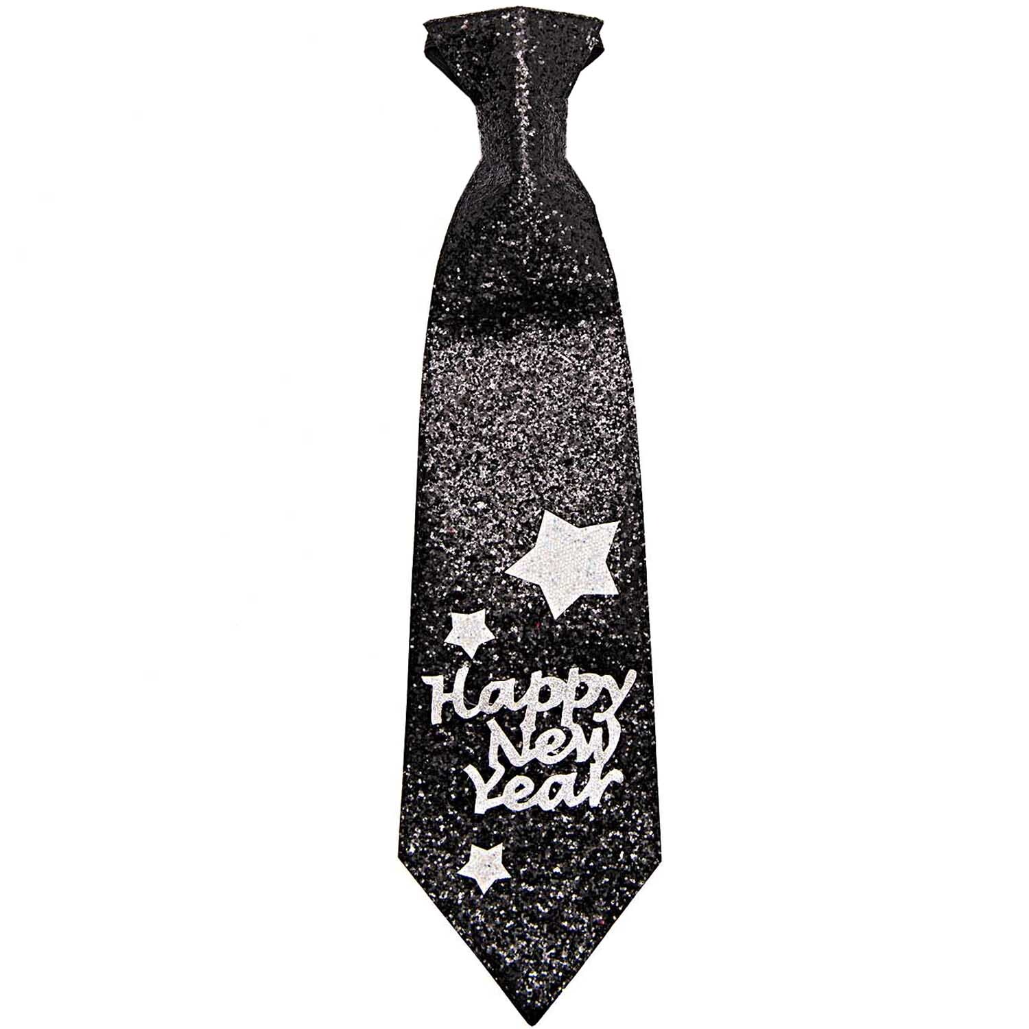 Krawatte Happy New Year 11x40cm mit glitzerndem Sternenmuster und Schriftzug auf schwarzem Hintergrund. Ideal für festliche Anlässe.