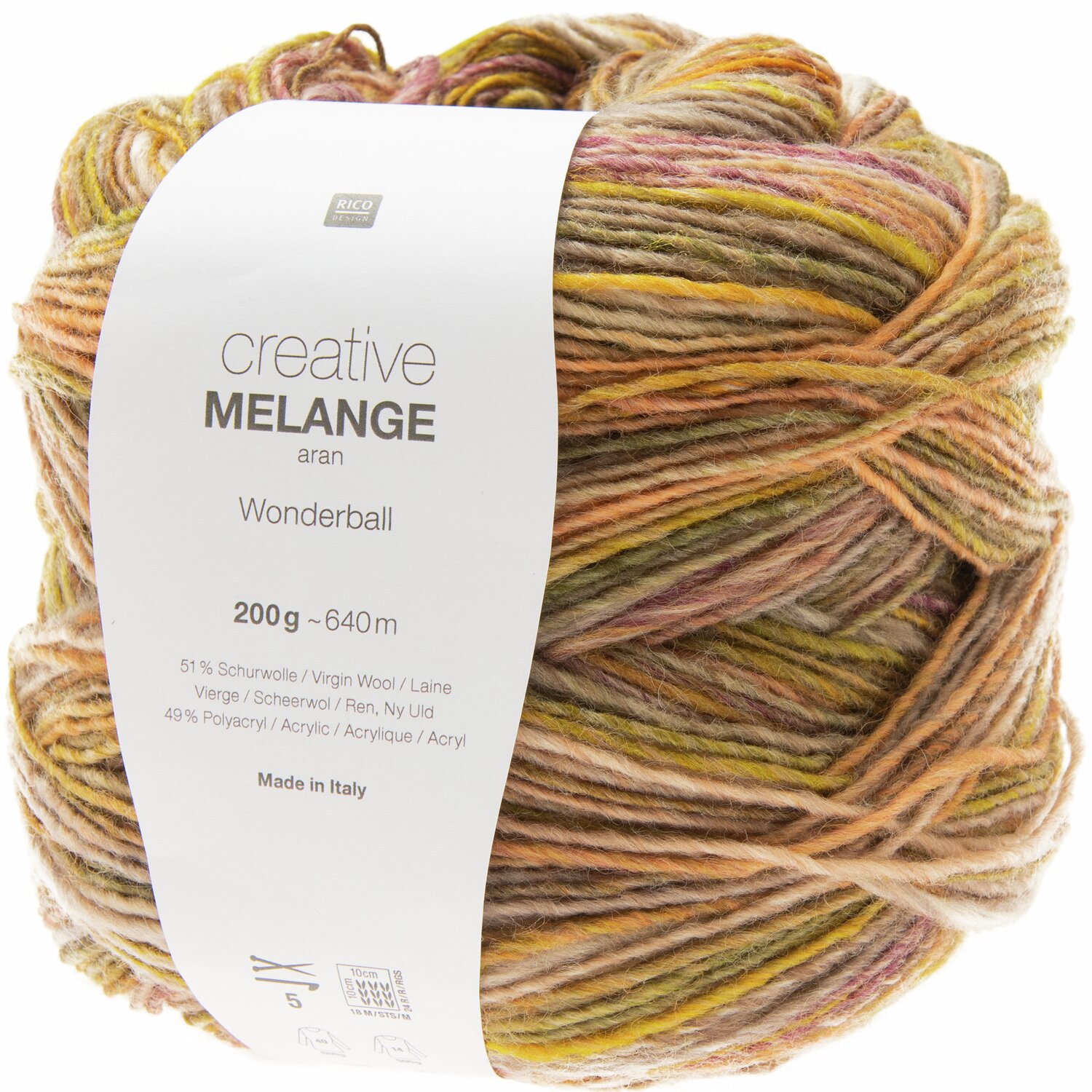 Creative Melange aran Wonderball 200g 640m Couleur Orange-Vert from Rico Design Creative Melange aran Wonderball, 200g 640m, in Orange-Grün von Rico Design, ideal für Strickprojekte.