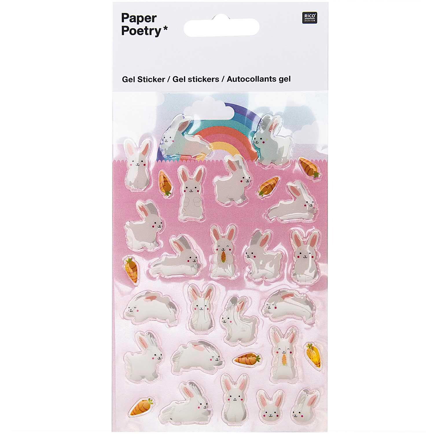 Paper Poetry Gelsticker Häschen auf rosa Hintergrund mit buntem Regenbogen und niedlichen Häschenmotiven. Ideal für kreative Bastelprojekte.