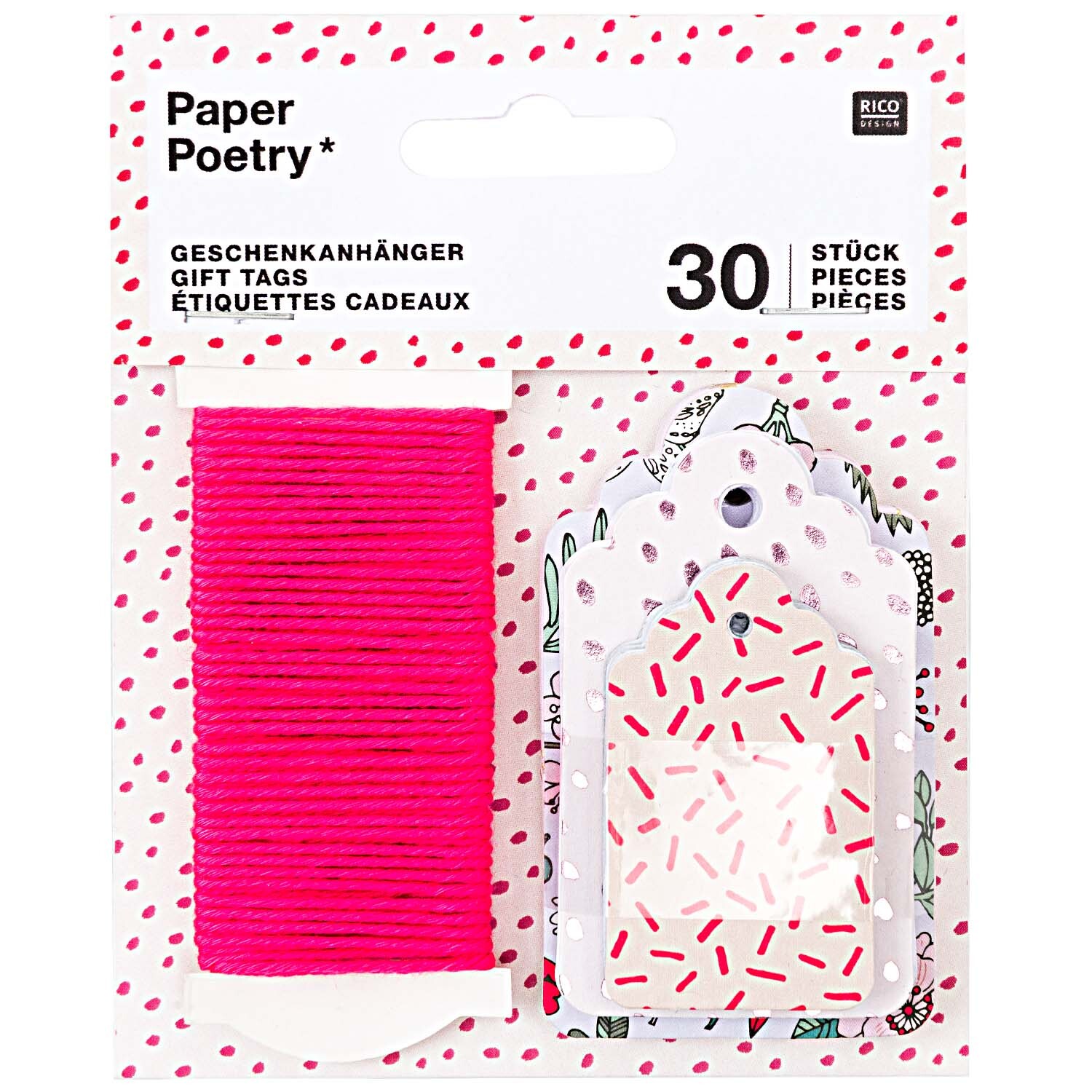 Paper Poetry Geschenkanhänger Hygge Flowers, 30 Stück, mit buntem Muster und pinkem Band von Rico Design.