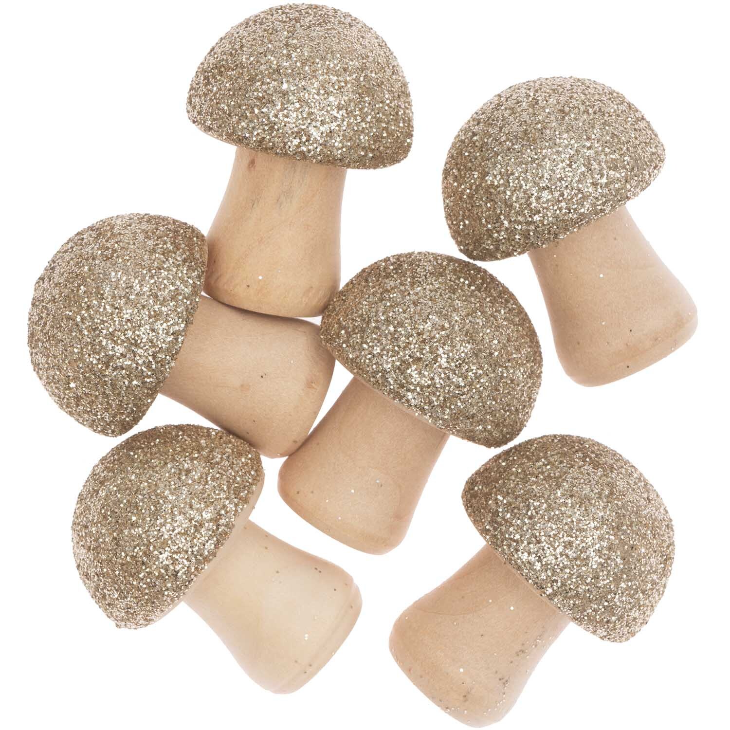3D-Holzstreu Pilz mit Glitter natur-gold von Rico Design, sechs Stück. Dekorative, glitzernde Pilze.