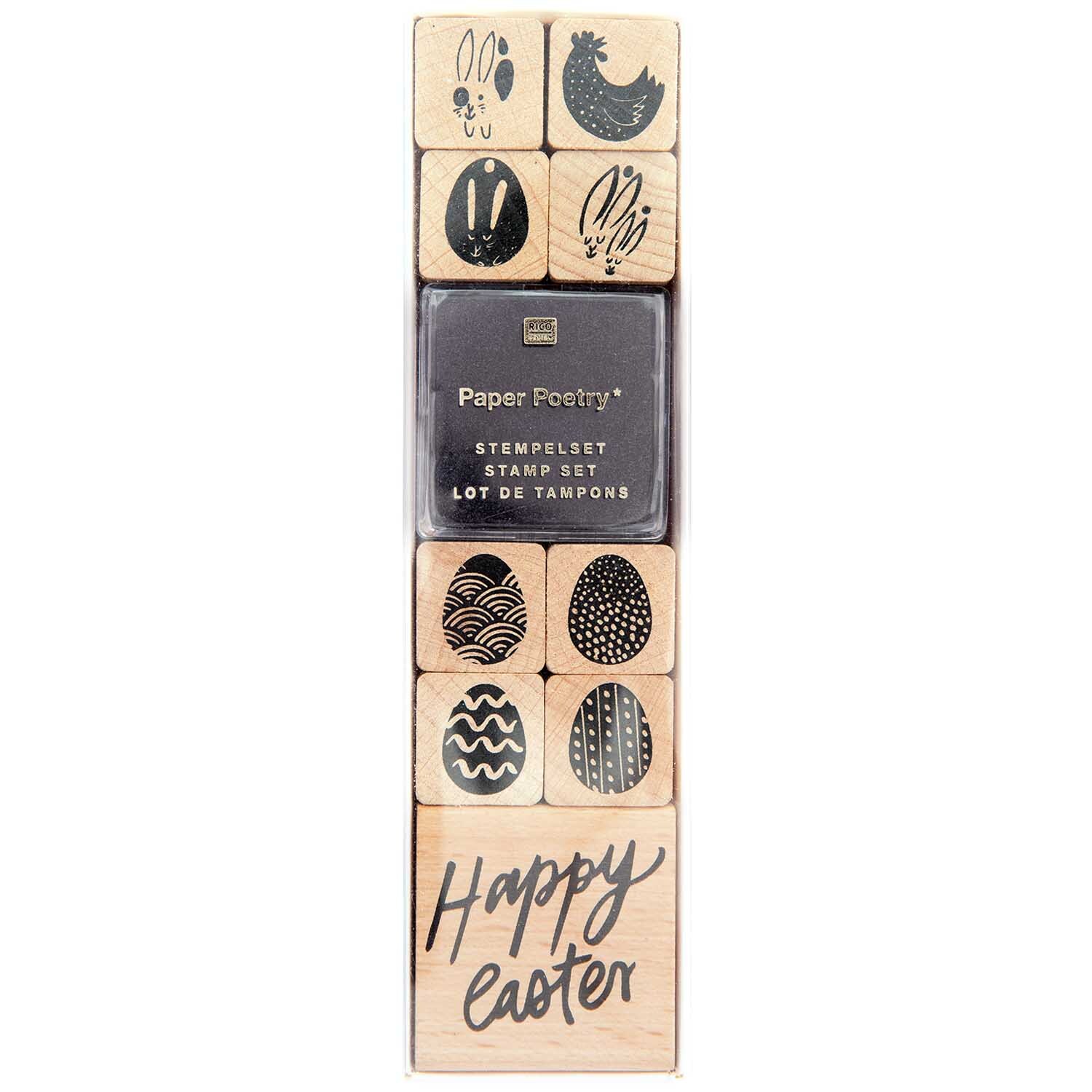 Paper Poetry Stempelset Happy Easter, 10-teilig, von Rico Design. Enthält Osterdesigns wie Eier und Hasen. Ideal für kreative Bastelprojekte.