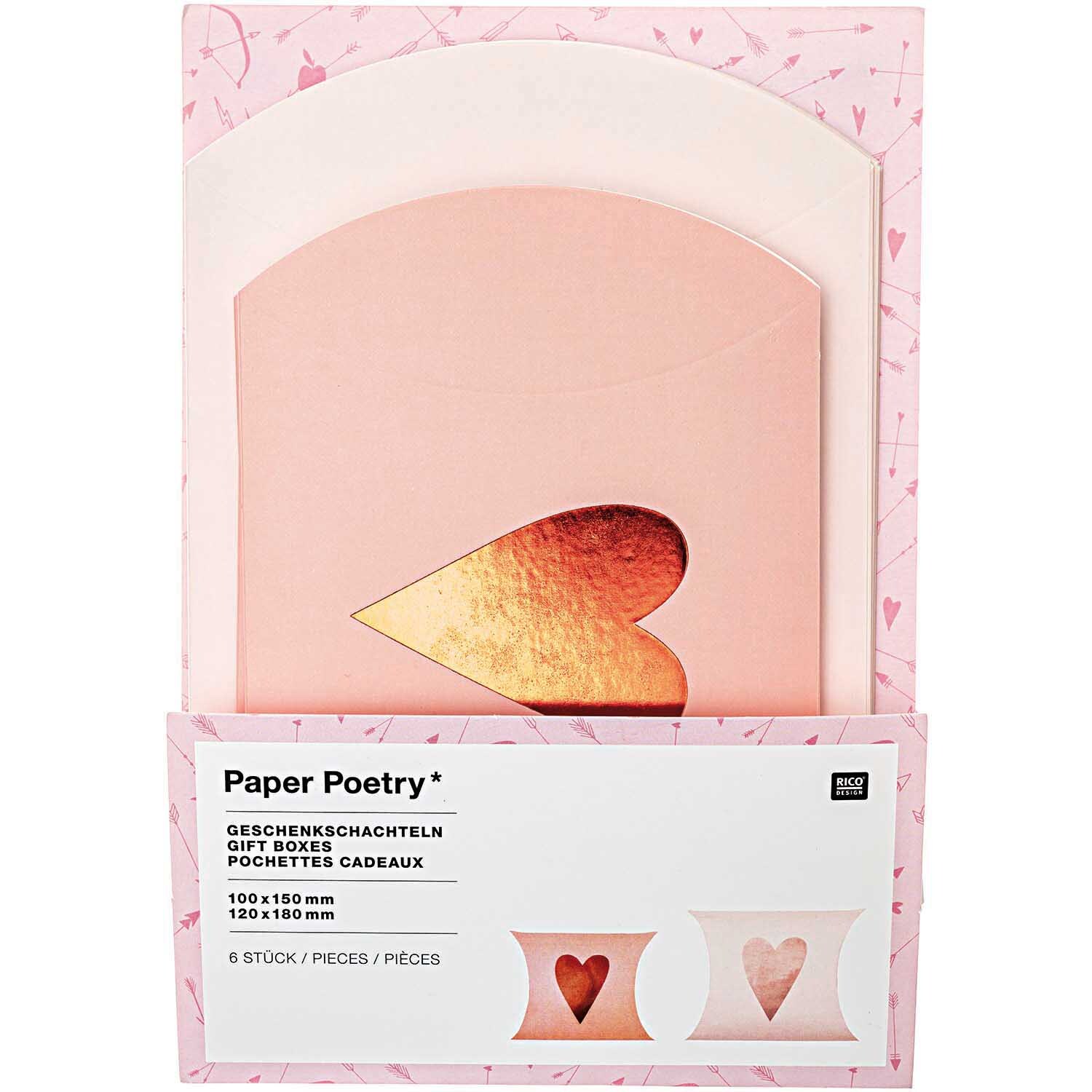 Paper Poetry Geschenkschachteln mit Herzmotiv in Rosa und Rot, 6 Stück, von Rico Design. Ideal für romantische Anlässe.