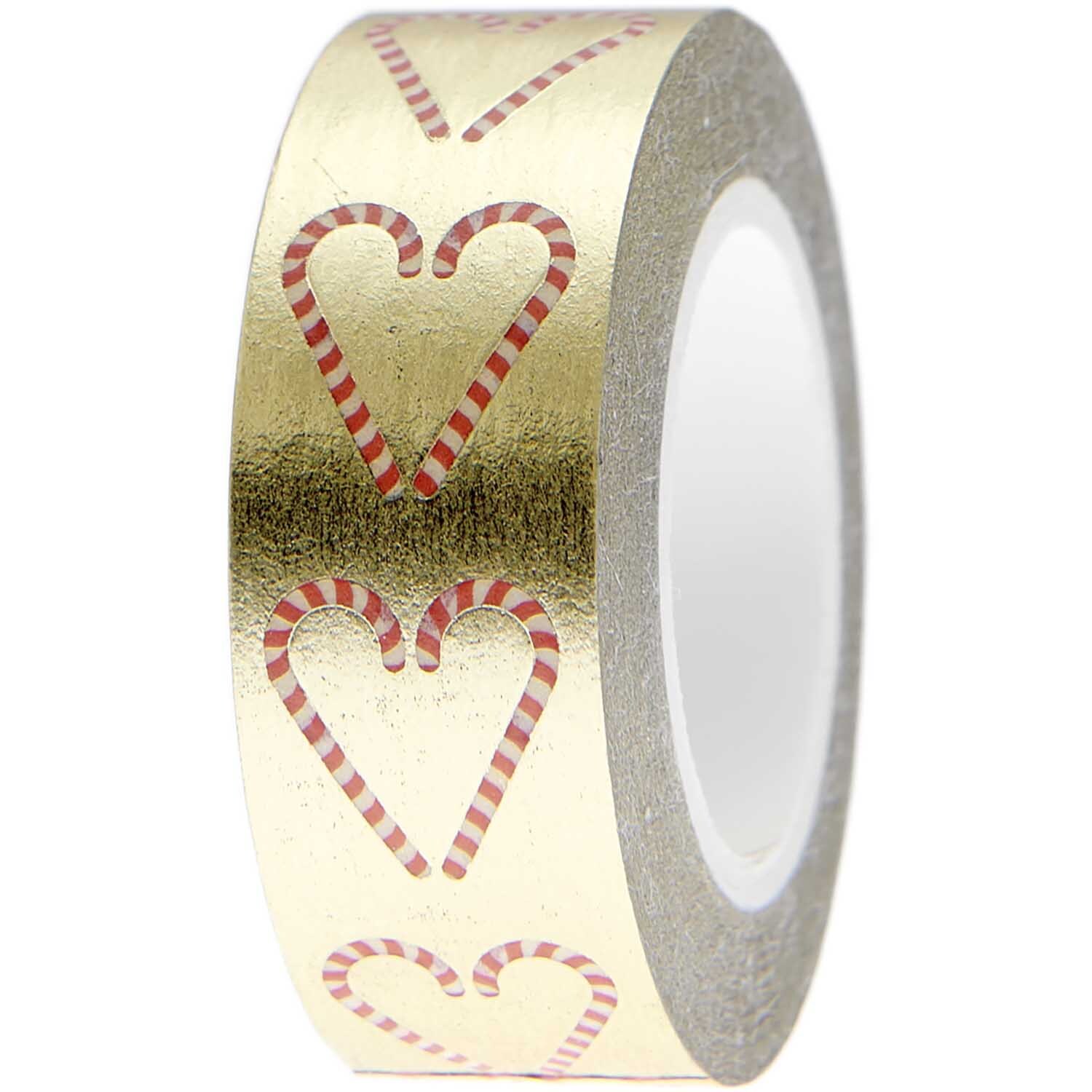 Paper Poetry Tape Candy Cane 1,5cm 10m mit Herzmuster auf goldenem Hintergrund von Rico Design.