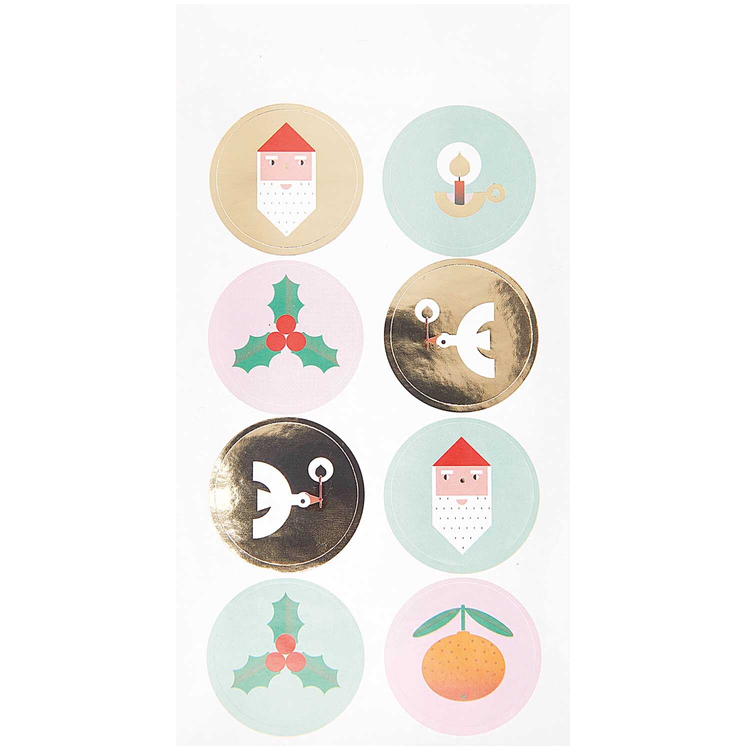 Paper Poetry Sticker Weihnachtsfiguren 4 Blatt von Rico Design Paper Poetry Sticker Weihnachtsfiguren von Rico Design mit weihnachtlichen Motiven wie Santa, Kerze, Taube und Stechpalme auf bunten Hintergründen.