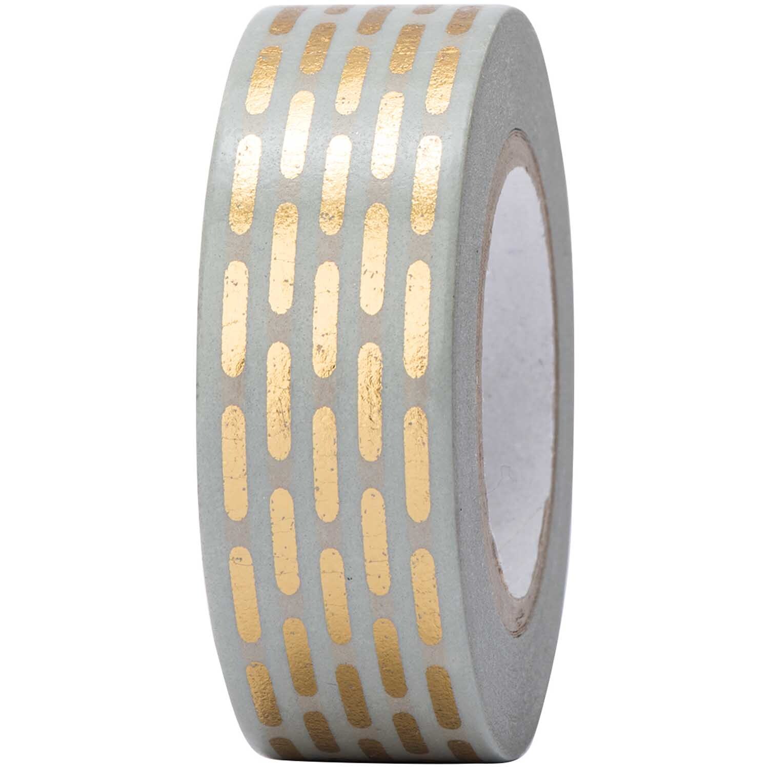Paper Poetry Tape mit goldenen Streifen auf grauem Hintergrund, 15mm breit, 10m lang.