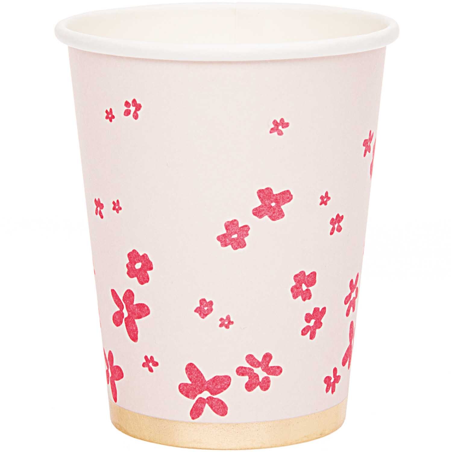Pappbecher Blüten rosa 200ml 12 Stück, verziert mit pinken Blüten, ideal für Partys.