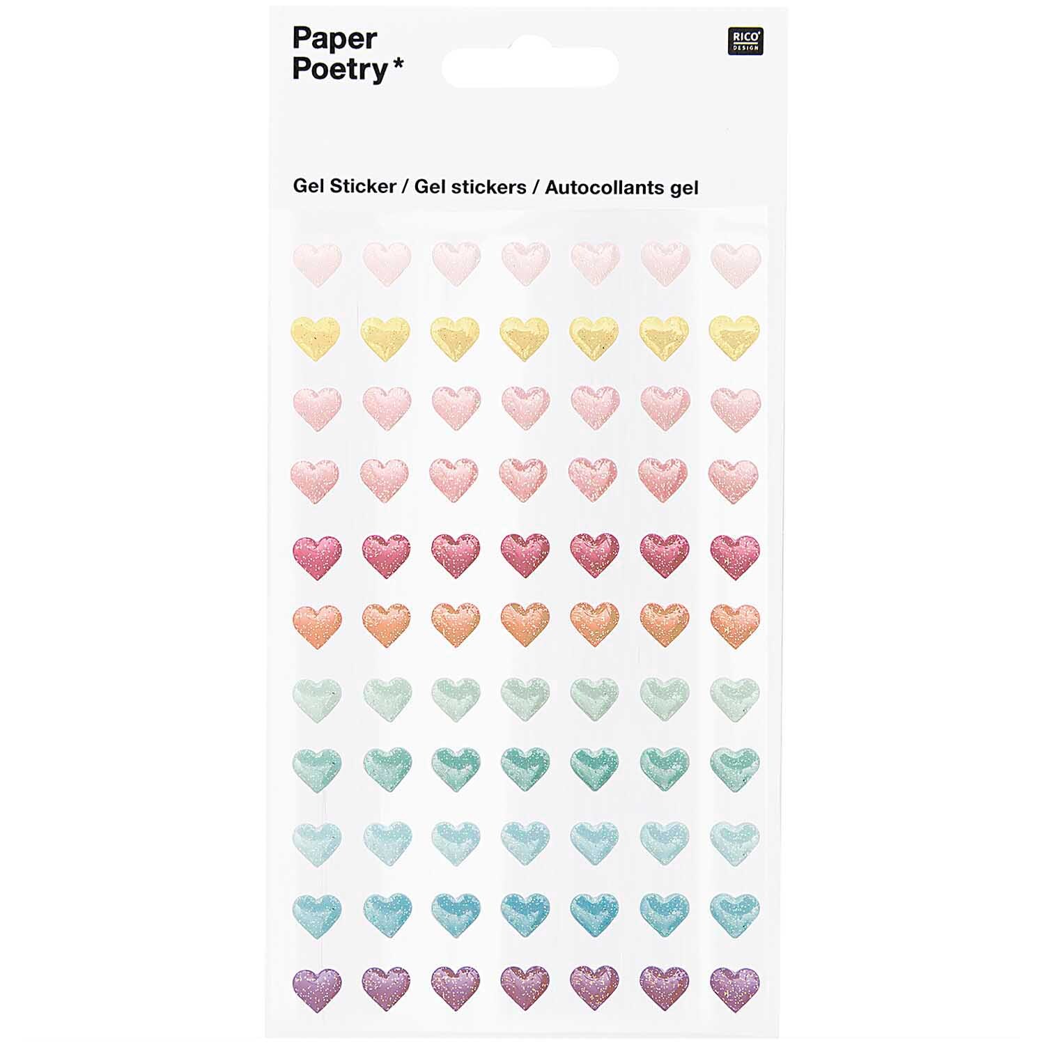 Paper Poetry Gelsticker Herzen Glitter von Rico Design Paper Poetry Gelsticker Herzen Glitter zeigt bunte Herzsticker in Reihen, ideal für kreative Projekte.