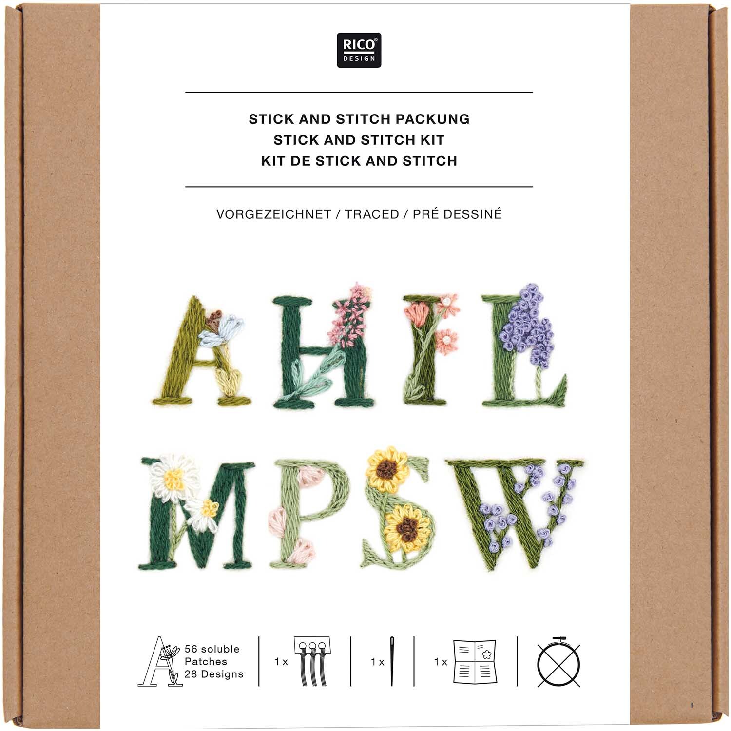 Stick and Stitch Kit de broderie Alphabet floral dessiné Coloré 56 pièces from Rico Design