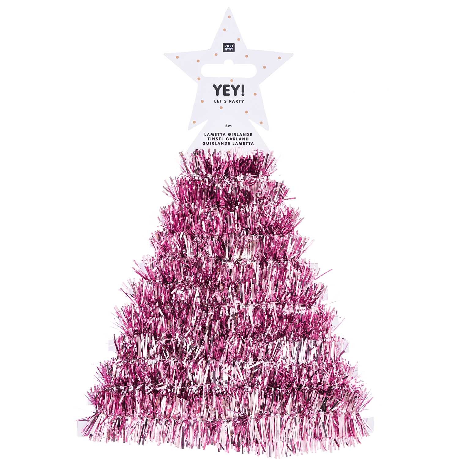 Girlande Lametta 5m Farbe Rosa von Rico Design Girlande Lametta 5m in Rosa von Rico Design, geformt wie ein Weihnachtsbaum, ideal für festliche Dekorationen.