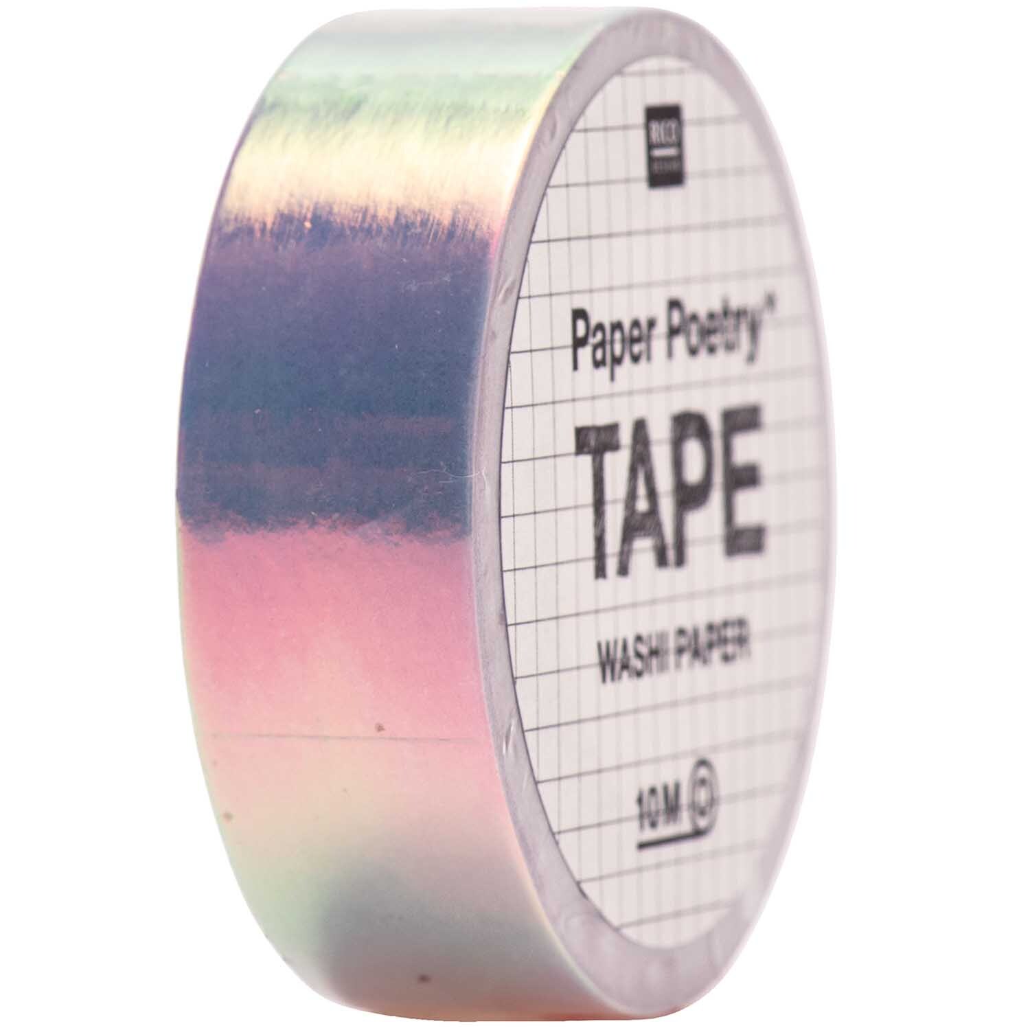 Paper Poetry Tape irisierend 15mm 10m Farbe Flieder von Rico Design Paper Poetry Tape irisierend 15mm 10m von Rico Design in Flieder, schimmerndes Washi-Tape auf schwarzem Hintergrund.