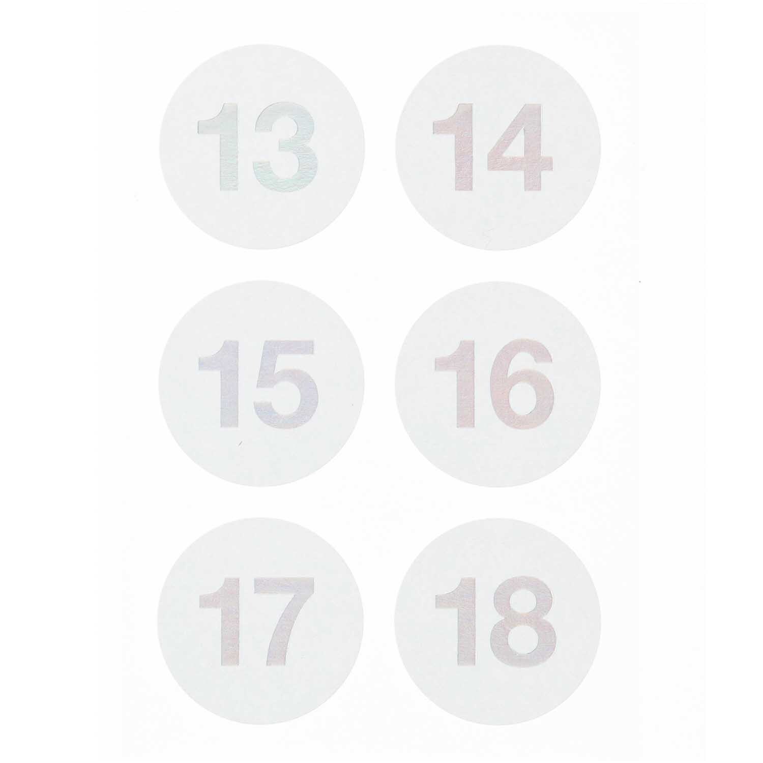 Paper Poetry Adventskalender Sticker Zahlen 1-24: Sechs runde Sticker mit Zahlen 13-18 in zarten Pastelltönen auf weißem Hintergrund.