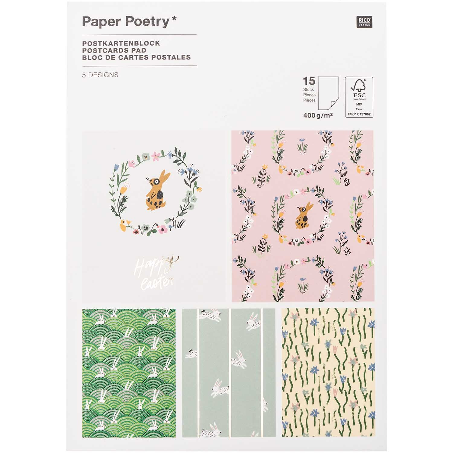 Paper Poetry Postkartenblock Bunny Hop mit 15 Karten, florale und tierische Designs in Pastellfarben. Ideal für kreative Grüße.