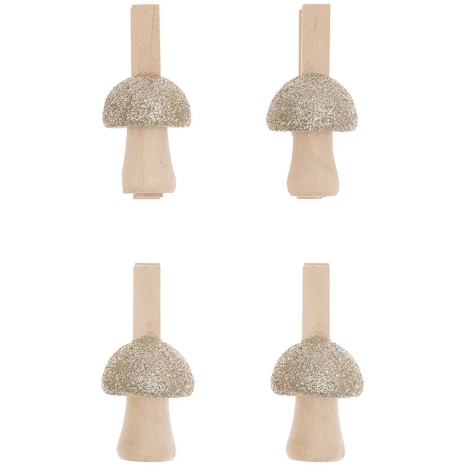 Holzclips Pilz mit Glitter natur-gold von Rico Design, 4 Stück, zeigen glitzernde Pilzformen.