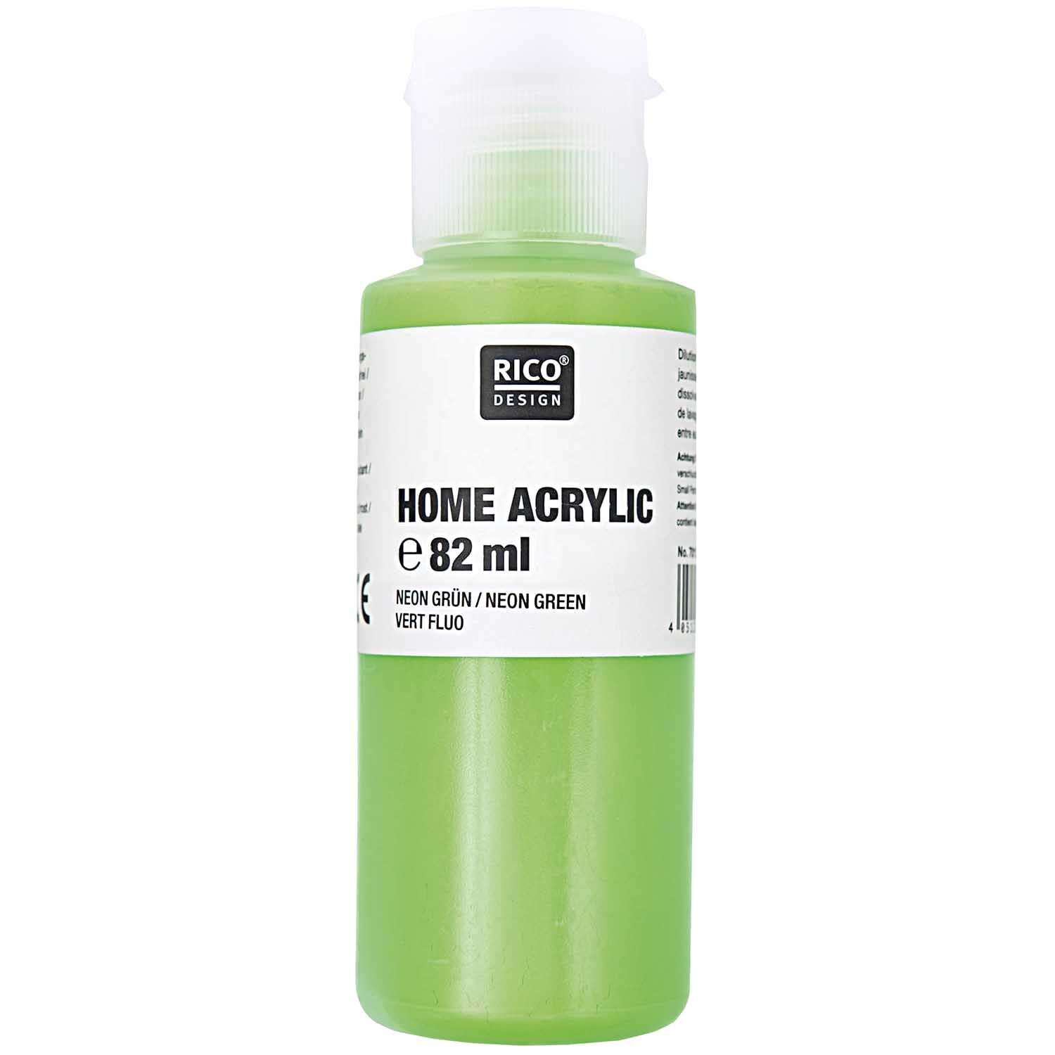 Home Acrylic 82ml Farbe Neongrün von Rico Design Home Acrylic Farbe von Rico Design in 82ml Flasche, leuchtendes Neongrün für kreative Projekte.