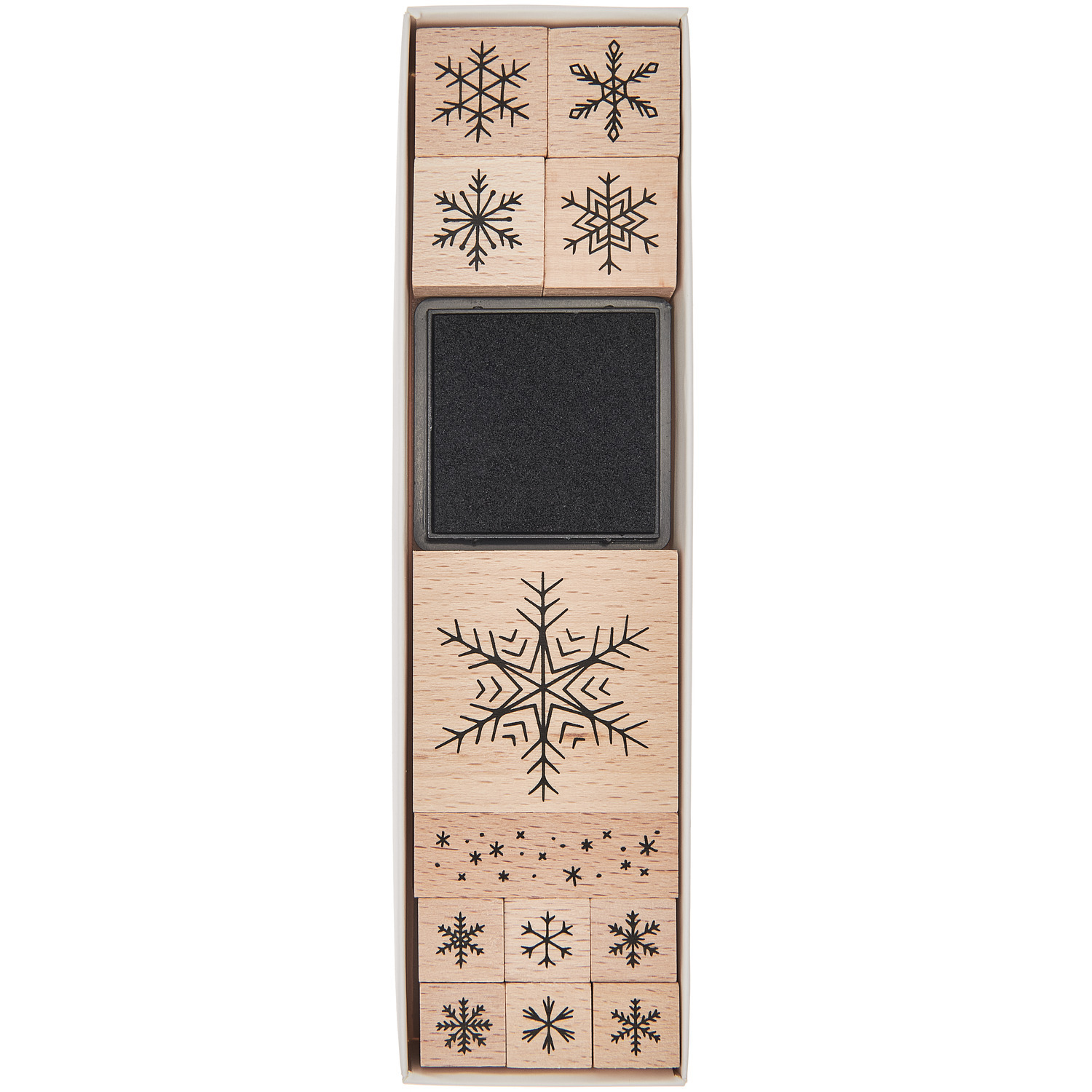Paper Poetry Stempelset Schneeflocken, 13-teilig, von Rico Design. Holzstempel mit Schneeflockenmotiven und schwarzem Stempelkissen.